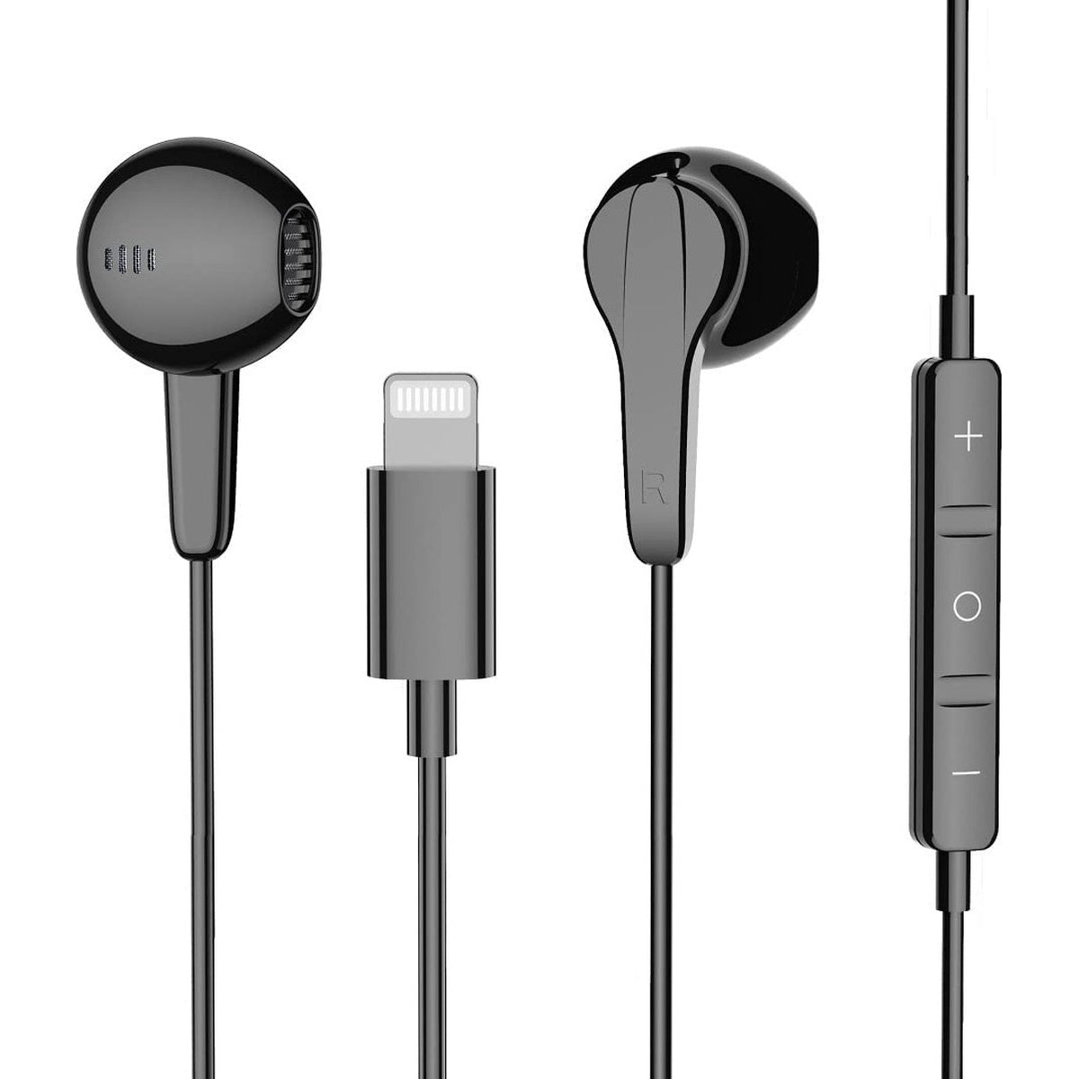 Zwarte oortelefoons met Lightning-connector en volumeregeling. De rechter oortelefoon heeft een 'R'.
