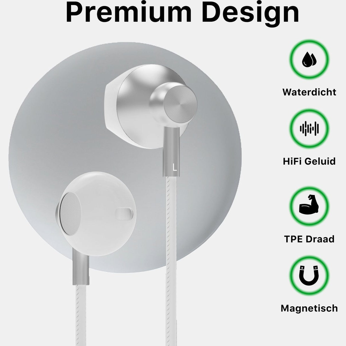 White and silver earbuds with a white cable, surrounded by a grey circle. Text on the right describes features.
