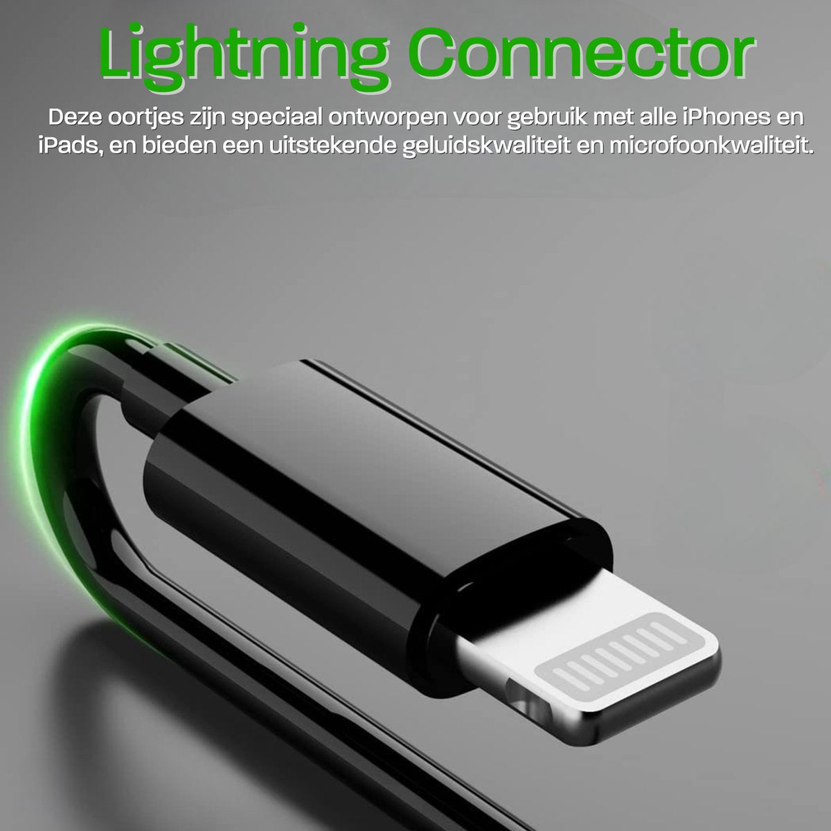 Close-up van een zwarte Lightning-connector met een zilveren uiteinde. De tekst 'Lightning Connector' staat bovenaan.