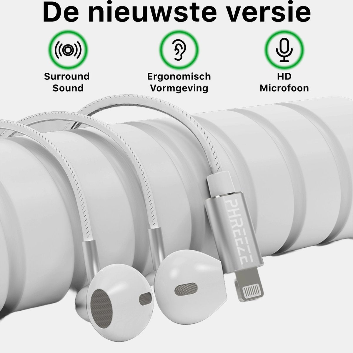 White earphones with a silver connector are displayed. The text in the image indicates features like surround sound and HD microphone.