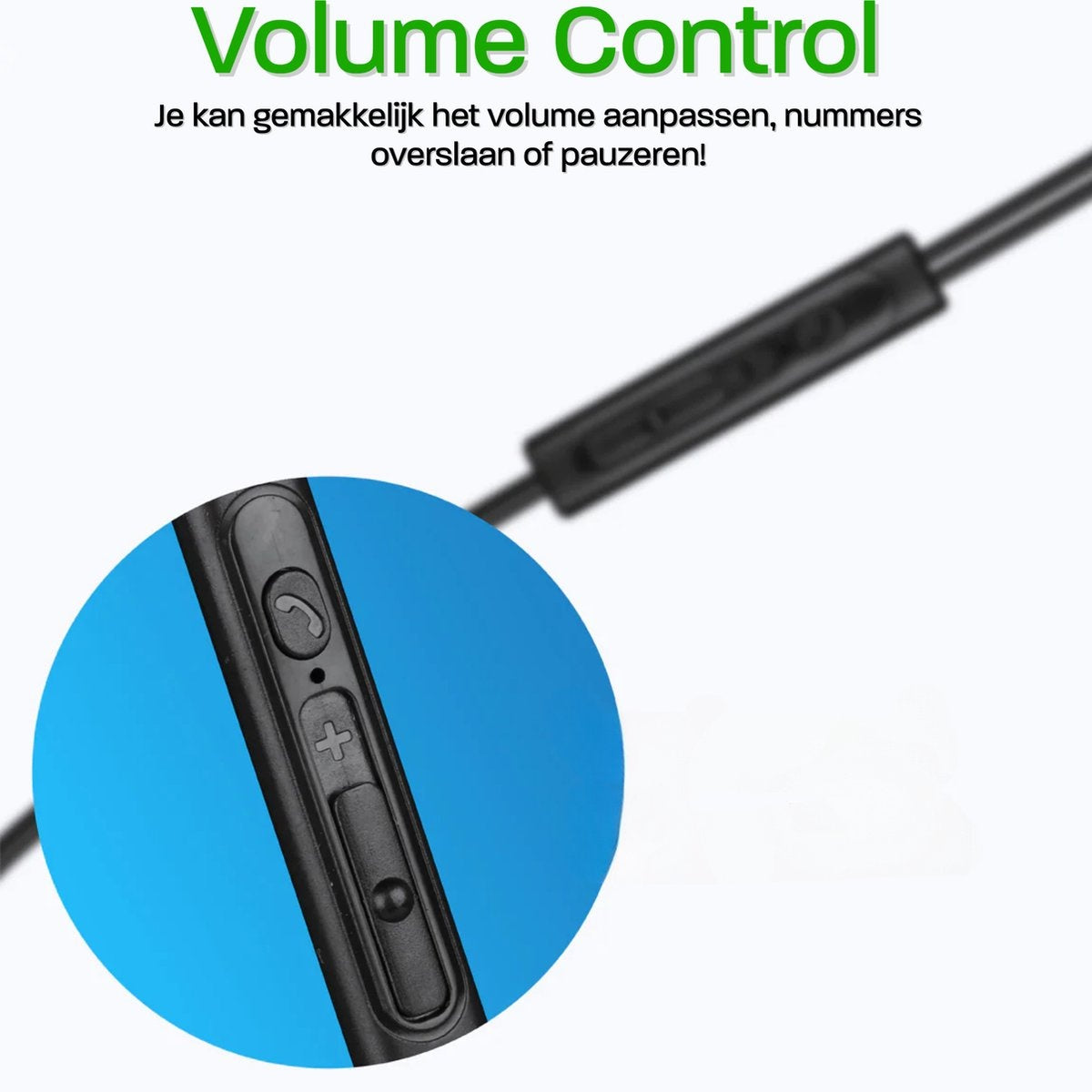 Close-up van een zwarte volumeregeling op een blauwe achtergrond. Bovenstaande tekst zegt 'Volume Control'.