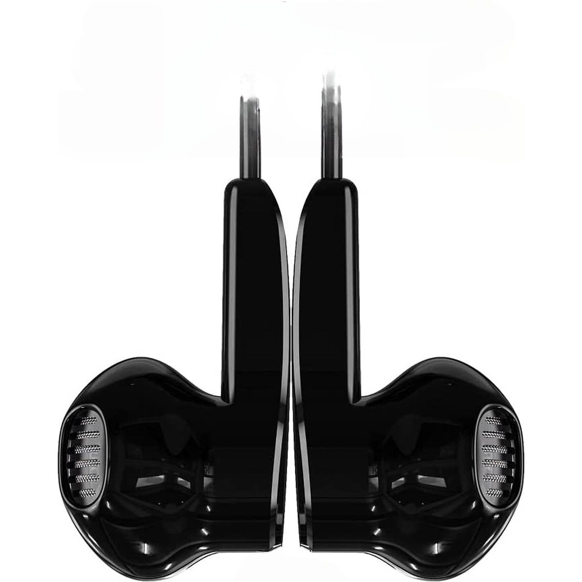 Twee zwarte in-ear oortelefoons op een witte achtergrond. Elk heeft een oortelefoon en een steel. Het ontwerp is strak en modern.