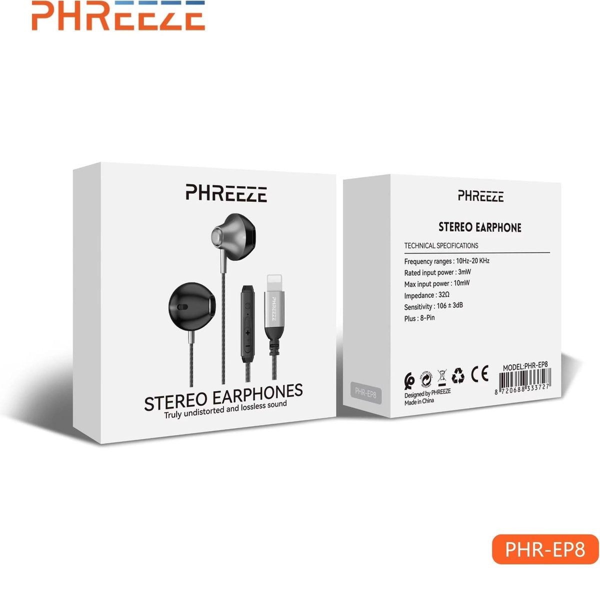 Oortjesdoos. Oortjes en Lightning-connector zijn zichtbaar. Tekst: STEREO EARPHONES, PHREEZE. Witte achtergrond.