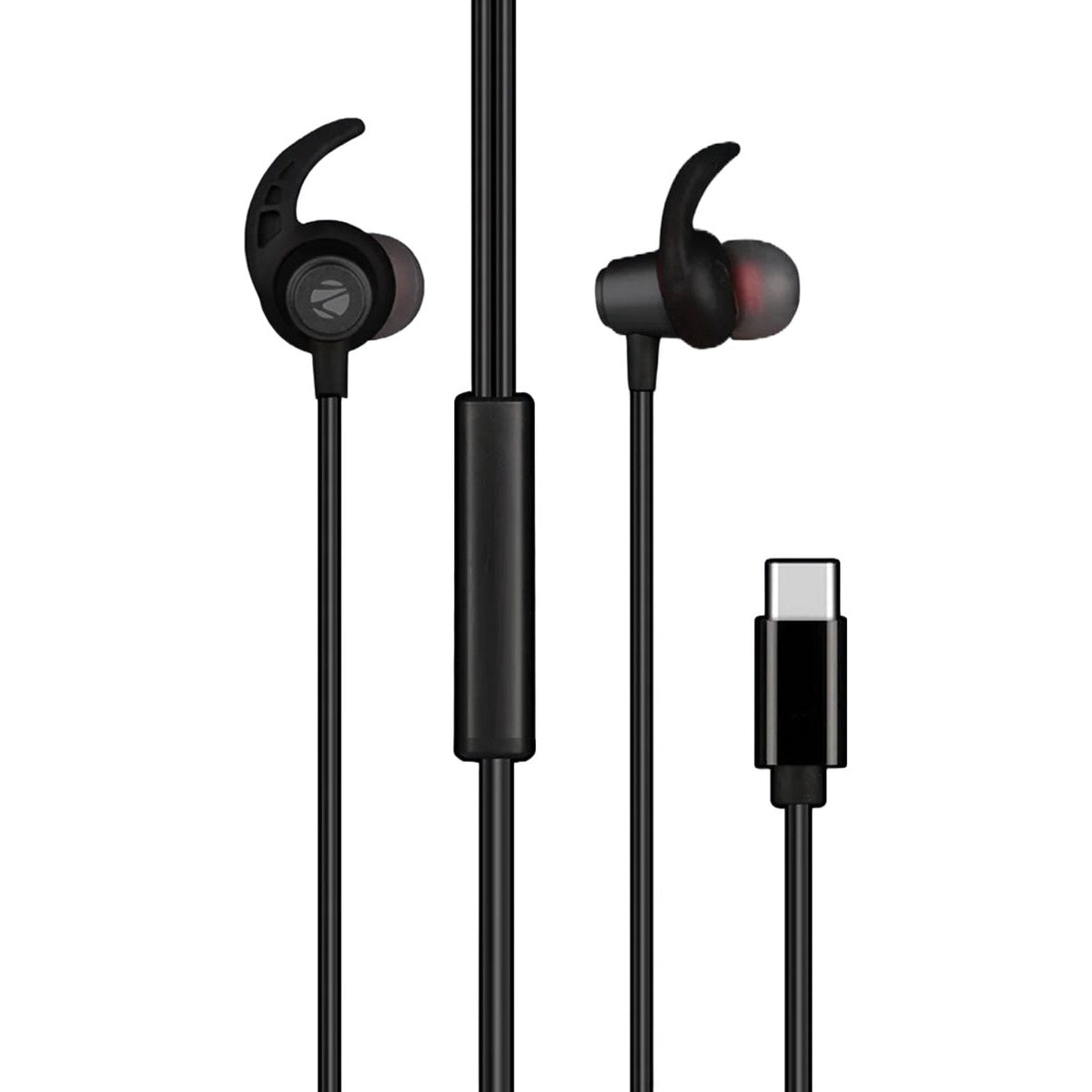Zwarte in-ear-hoofdtelefoon met een Type-C-connector. De hoofdtelefoon heeft siliconen oordopjes en een bedieningsmodule op de kabel.