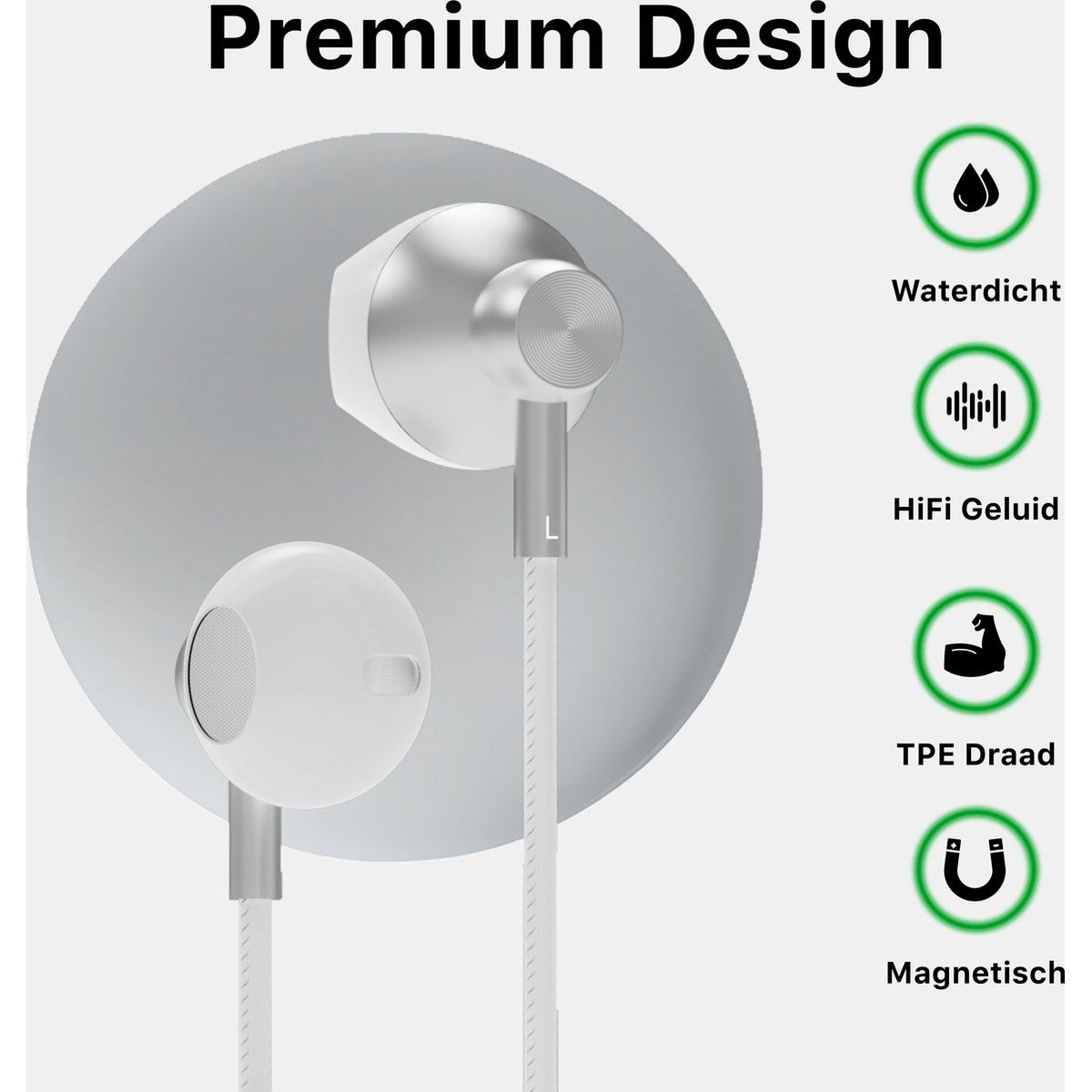 White and silver earbuds on a light gray background. Features include waterproof, HiFi sound, TPE cable, and magnetic.