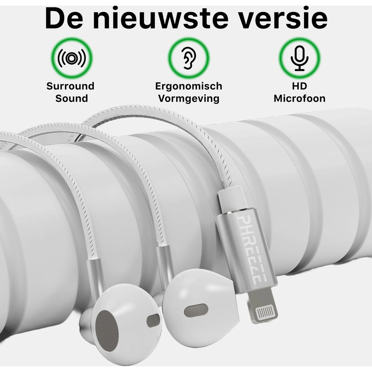 White earphones with a silver connector and text. Top: 'De nieuwste versie' and icons for sound, ergonomics, and microphone.