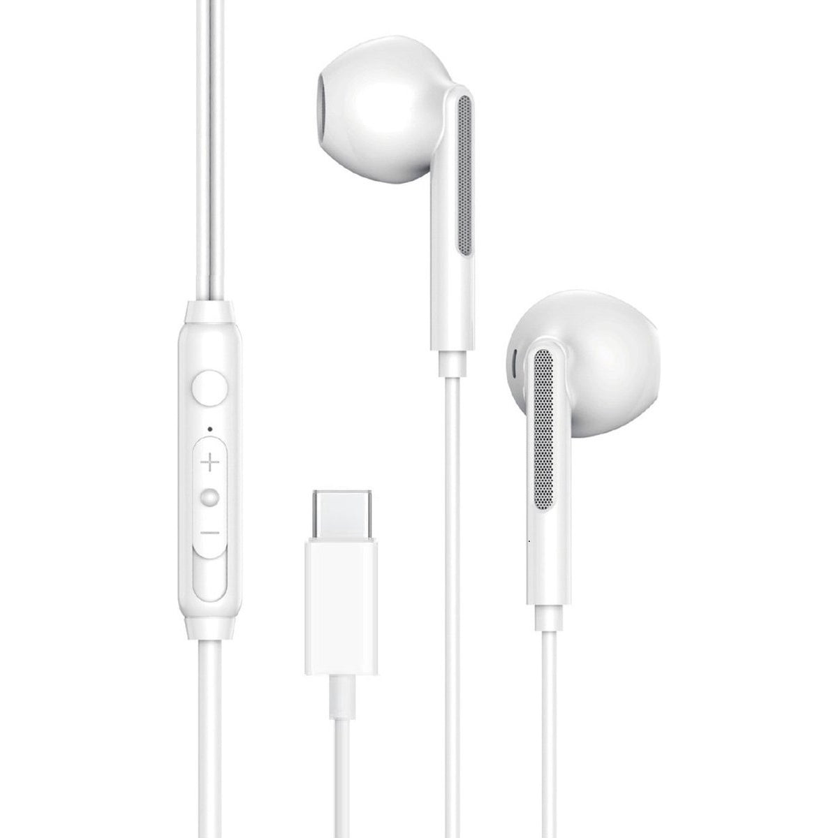 Witte bedrade oortelefoons met een USB-C-connector. De oortelefoons hebben een bedieningspaneel op de draad.
