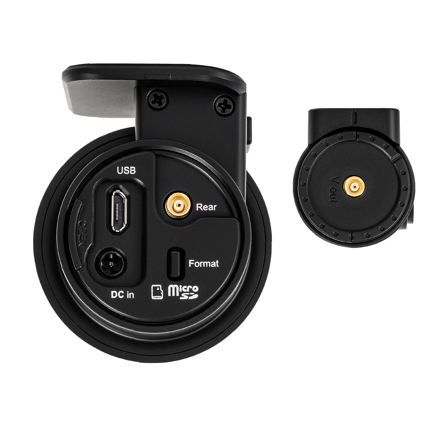 Deux parties noires d'un tableau de bord de voiture. L'une montre des ports étiquetés USB, DC in et Micro SD. L'autre montre un connecteur circulaire.