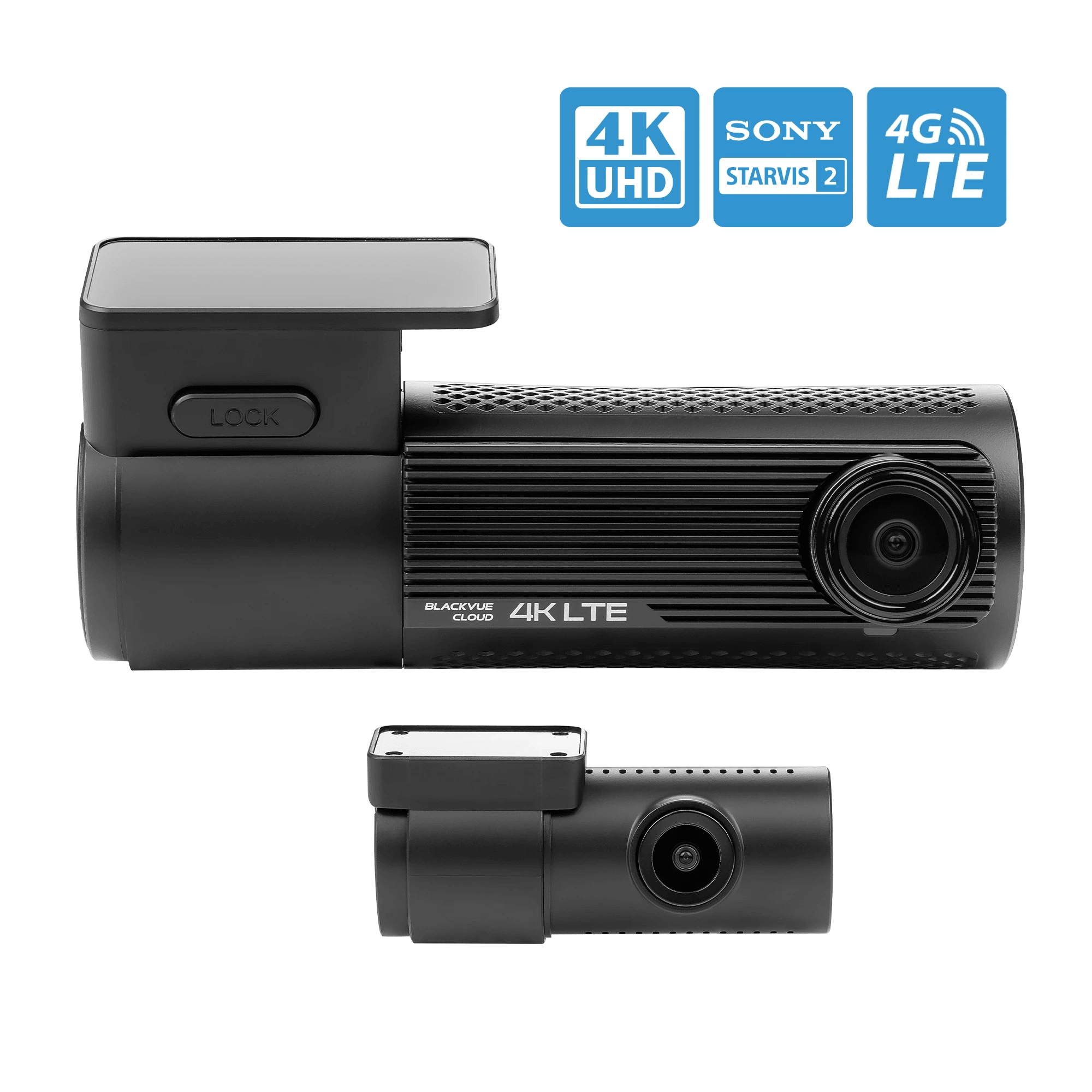 Dashcam BlackVue. Unité principale et petite unité détachée. Logos 4K UHD, Sony Starvis 2 et 4G LTE présents.