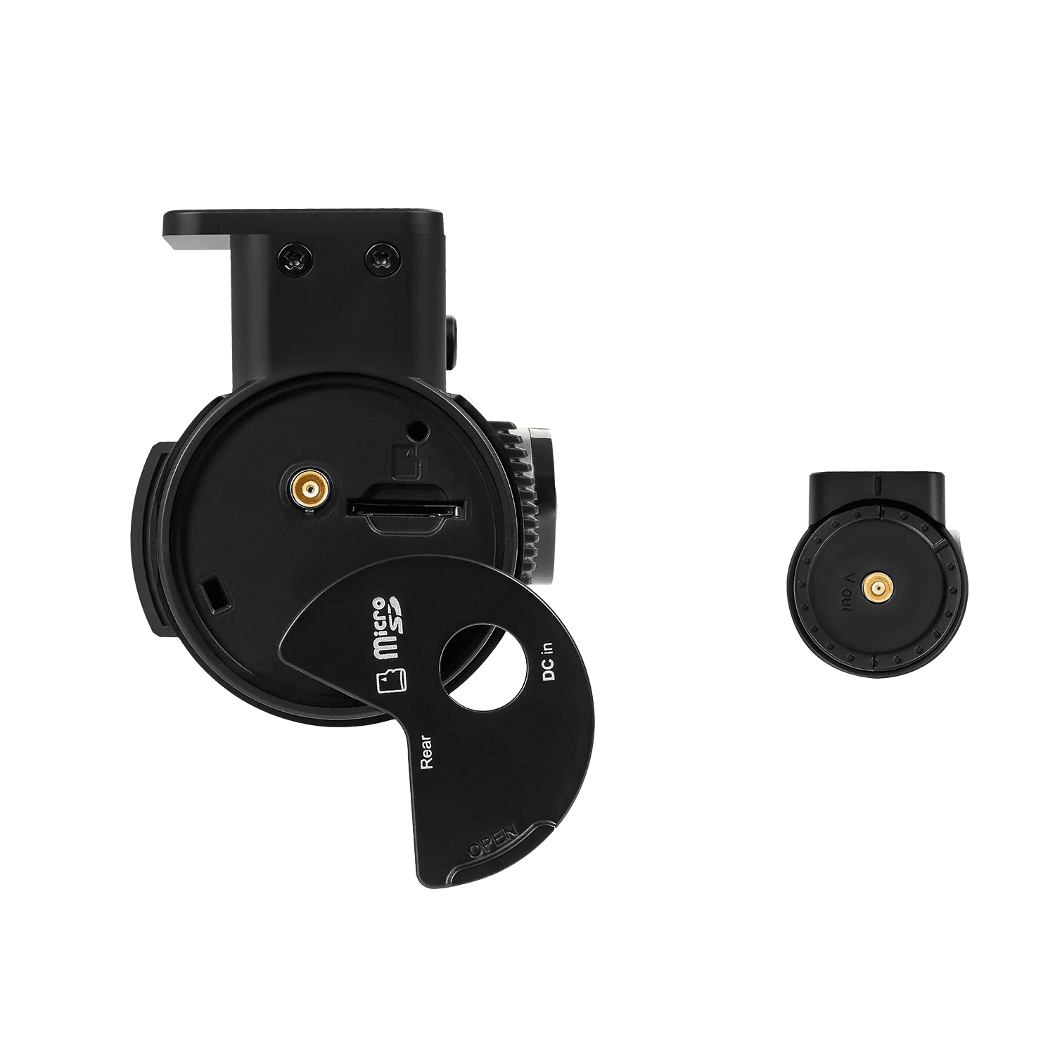 Caméra de tableau de bord noire avec fente pour carte microSD et pièce circulaire noire à ouvrir, et une petite caméra noire à droite.