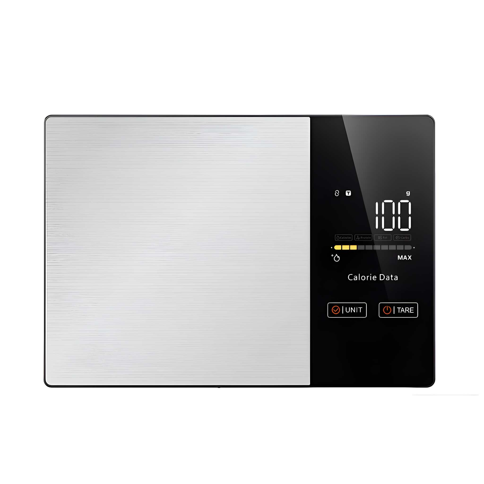 Eine digitale Küchenwaage mit metallischer Oberfläche und schwarzem Display mit der Anzeige '100'. Sie hat Kaloriendatenanzeigen.