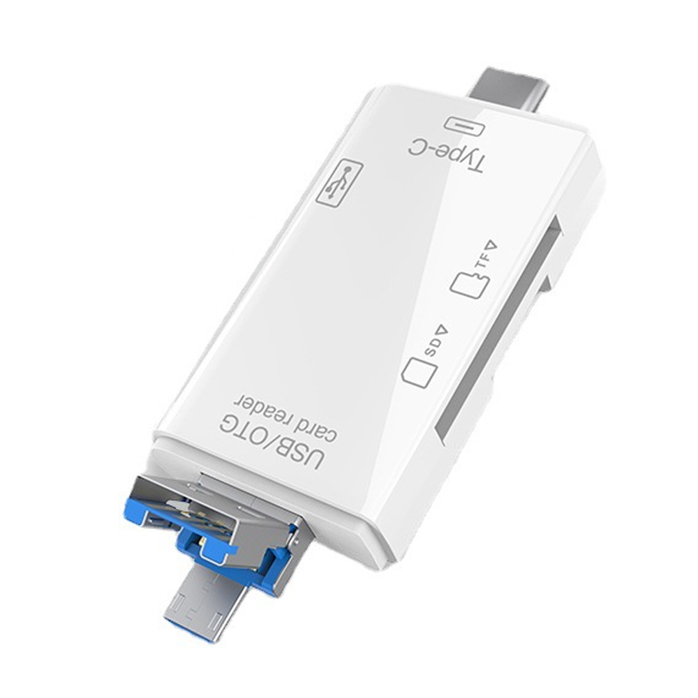 Ein weißer USB/OTG-Kartenleser mit Typ-C- und Micro-USB-Anschlüssen. Er hat Steckplätze für SD- und TF-Karten. Das Gerät ist isoliert.