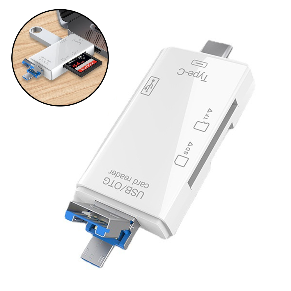 Weißer USB/OTG-Kartenleser mit Typ-C-Anschluss. Enthält SD- und TF-Kartensteckplätze. Ein kleiner Ausschnitt zeigt ihn mit einem Laptop und einer SD-Karte.