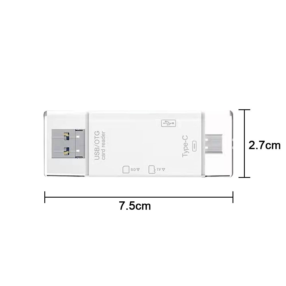 Weißer USB/OTG-Kartenleser mit Typ-C-Anschluss. Abmessungen: 7,5 cm lang, 2,7 cm breit. USB- und SD/TF-Kartensteckplätze. Zeigt USB-, SD- und TF-Symbole.