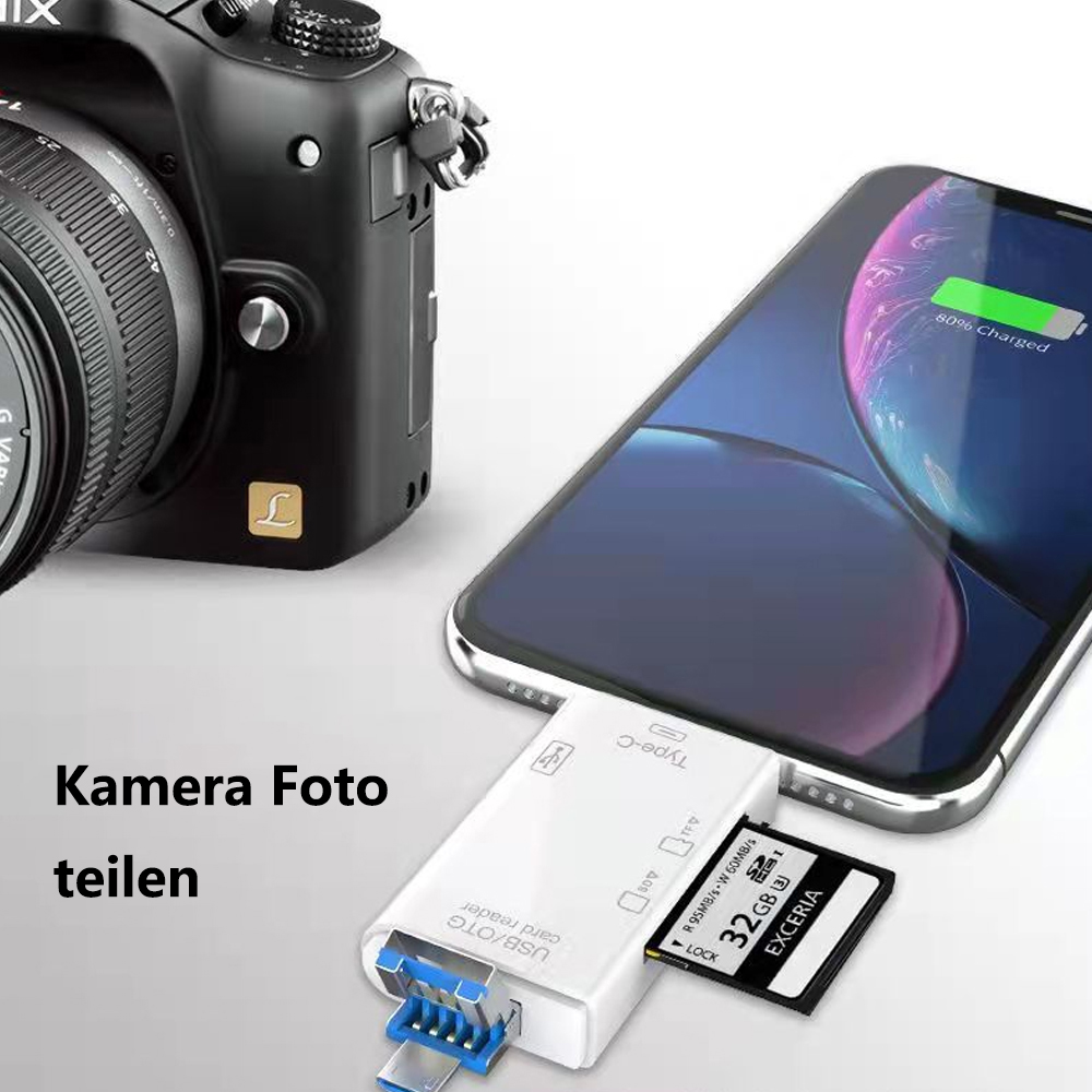 Eine DSLR-Kamera neben einem Smartphone, das mit einem Kartenleser verbunden ist. Das Telefon zeigt 80% geladen an. Eine 32GB SD-Karte ist eingesetzt.