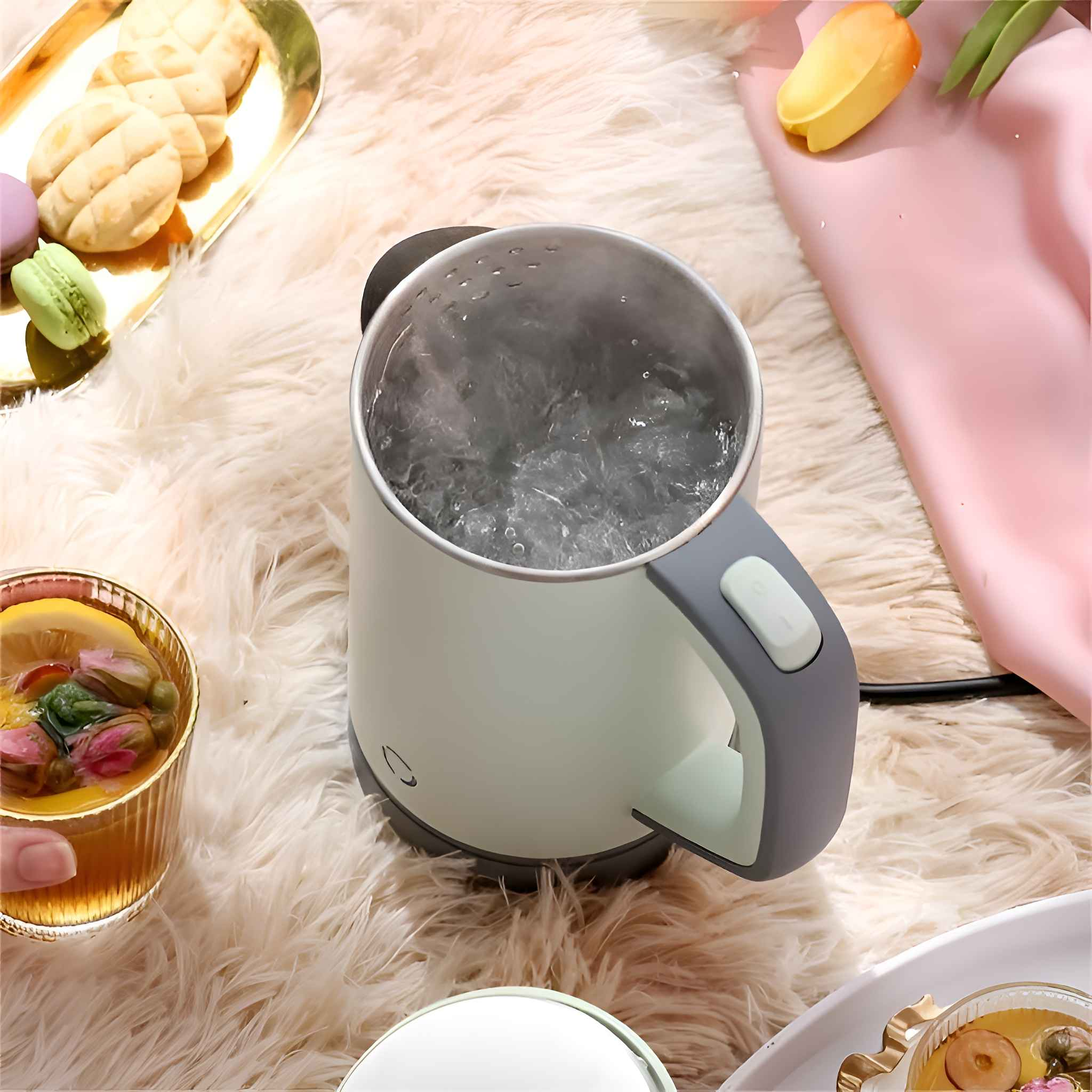 Ein Wasserkocher mit kochendem Wasser steht auf einer flauschigen Oberfläche. Leckereien und ein Getränk sind in der Nähe. Rosa Stoff und eine Tulpe.