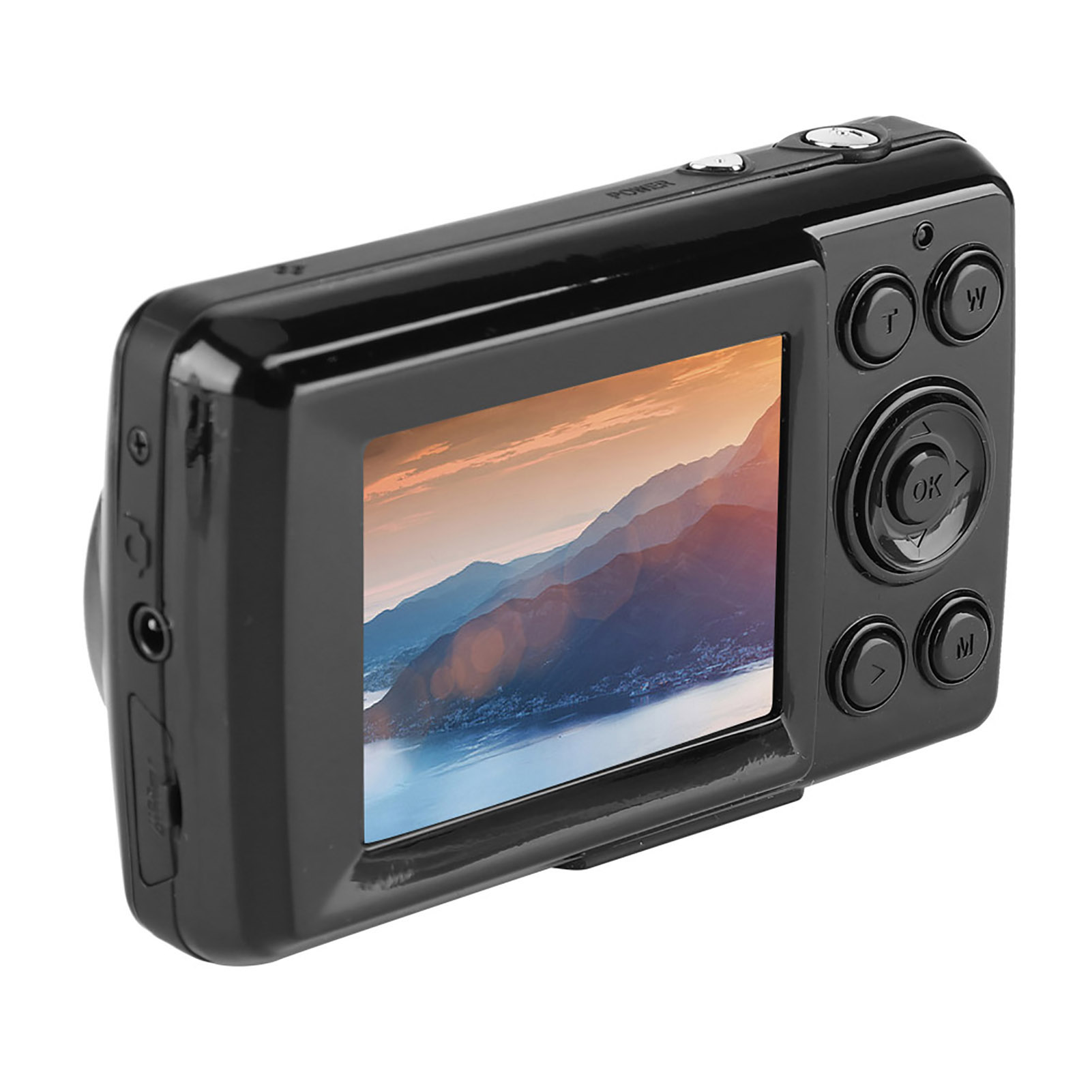Schwarze Digitalkamera mit Bildschirm, der eine Berglandschaft zeigt. Tasten sind sichtbar. Weißer Hintergrund.
