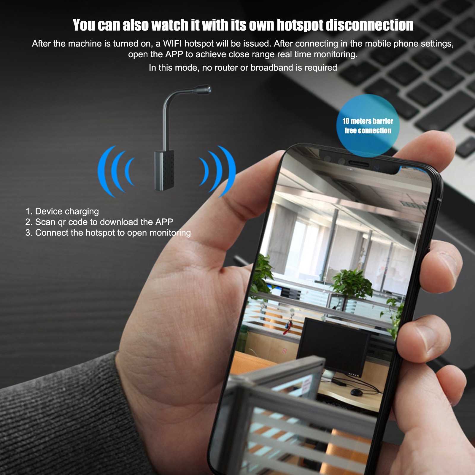 Eine Hand hält ein Telefon, das ein Büro zeigt. Ein Gerät sendet WLAN-Signale aus. Text erklärt das Setup zur Überwachung.