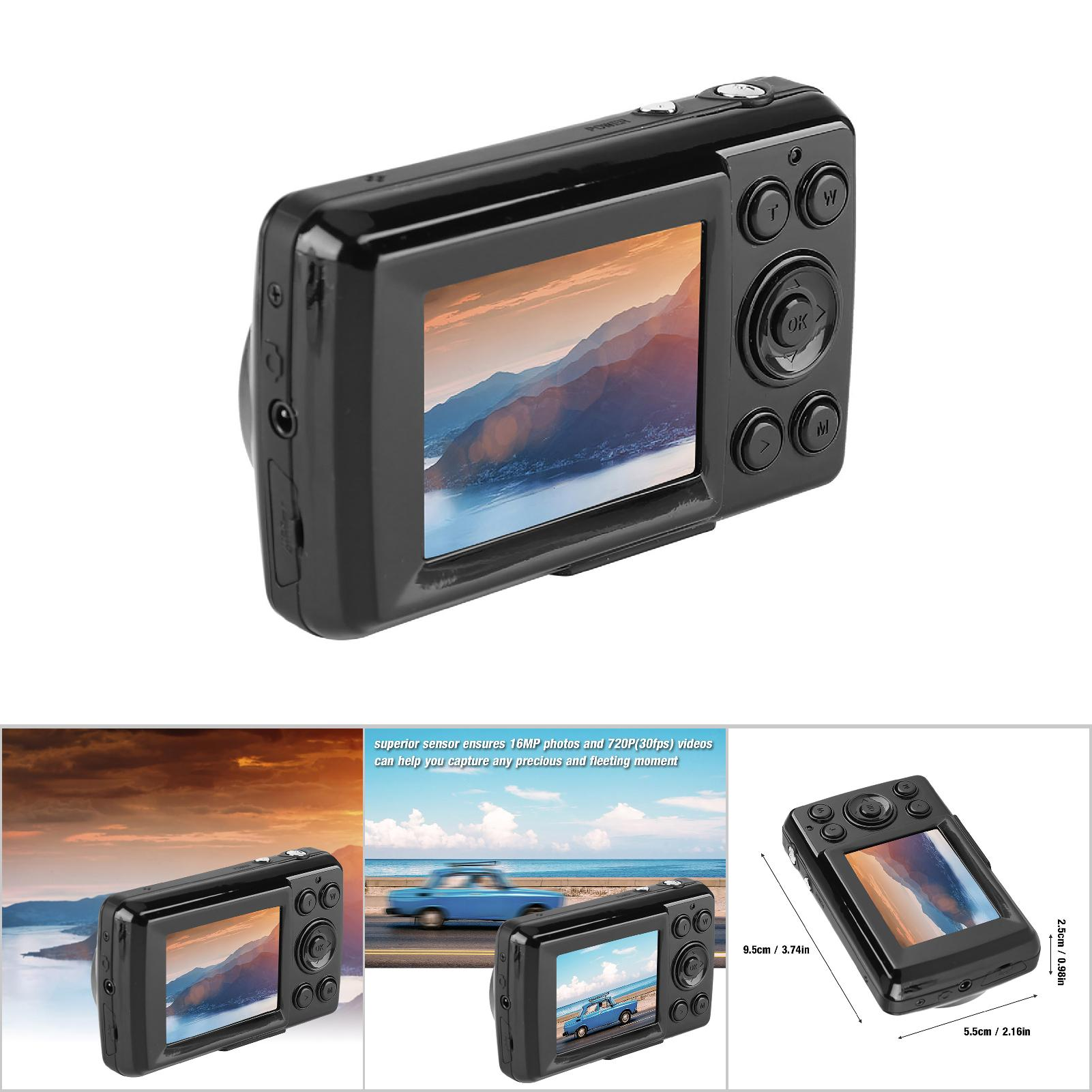 Eine schwarze Digitalkamera wird angezeigt. Sie hat einen Bildschirm, der eine Landschaft und mehrere Tasten zeigt.