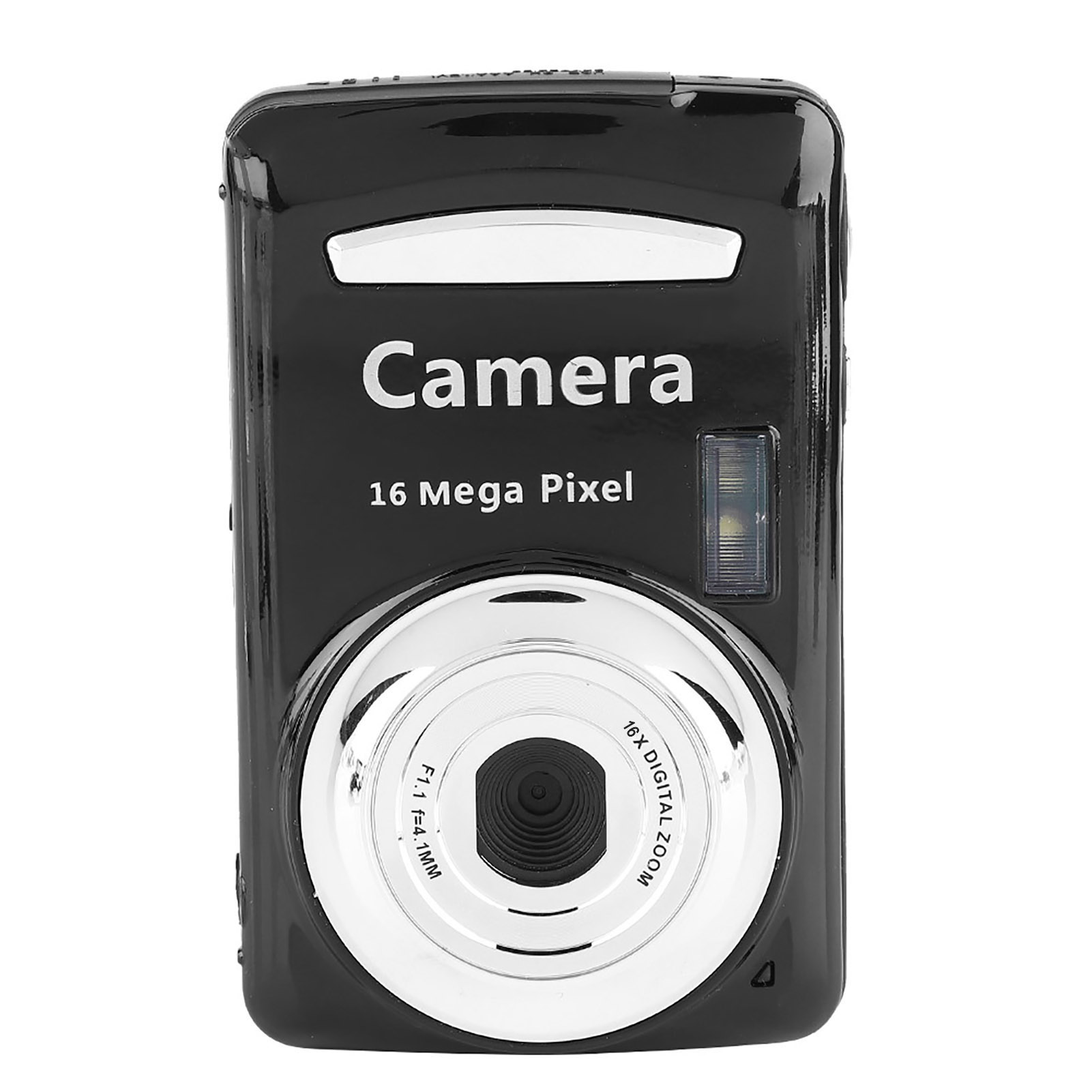 Schwarze Digitalkamera mit silbernen Akzenten. Sie hat ein Objektiv, einen Blitz und trägt die Aufschrift 'Camera' und '16 Mega Pixel'.