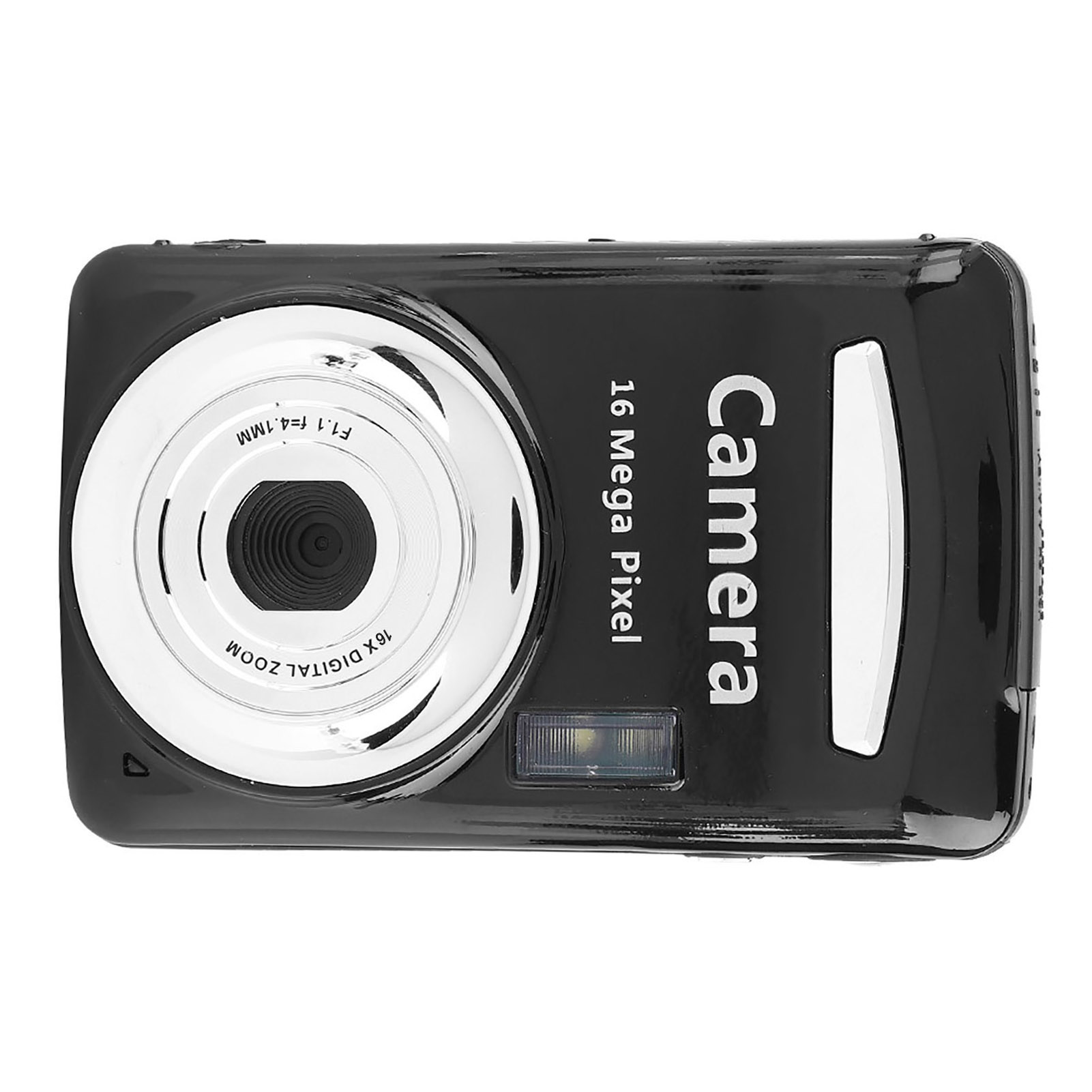 Schwarze Digitalkamera mit silbernen Linsendetails, das Wort 'Camera' ist weiß gedruckt. 16 Megapixel.