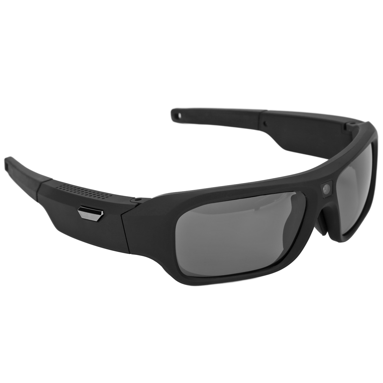 Schwarze Sonnenbrille auf weißem Hintergrund. Die Brille hat dunkle Gläser und einen dicken Rahmen.