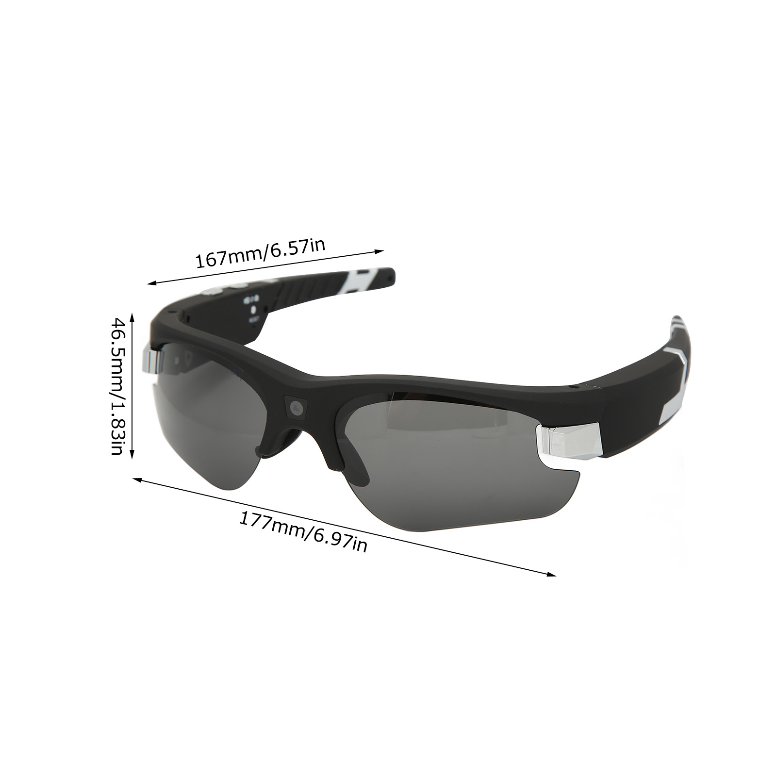 Schwarze Sonnenbrille mit grauen Gläsern. Abmessungen sind angegeben. Weißer Hintergrund.