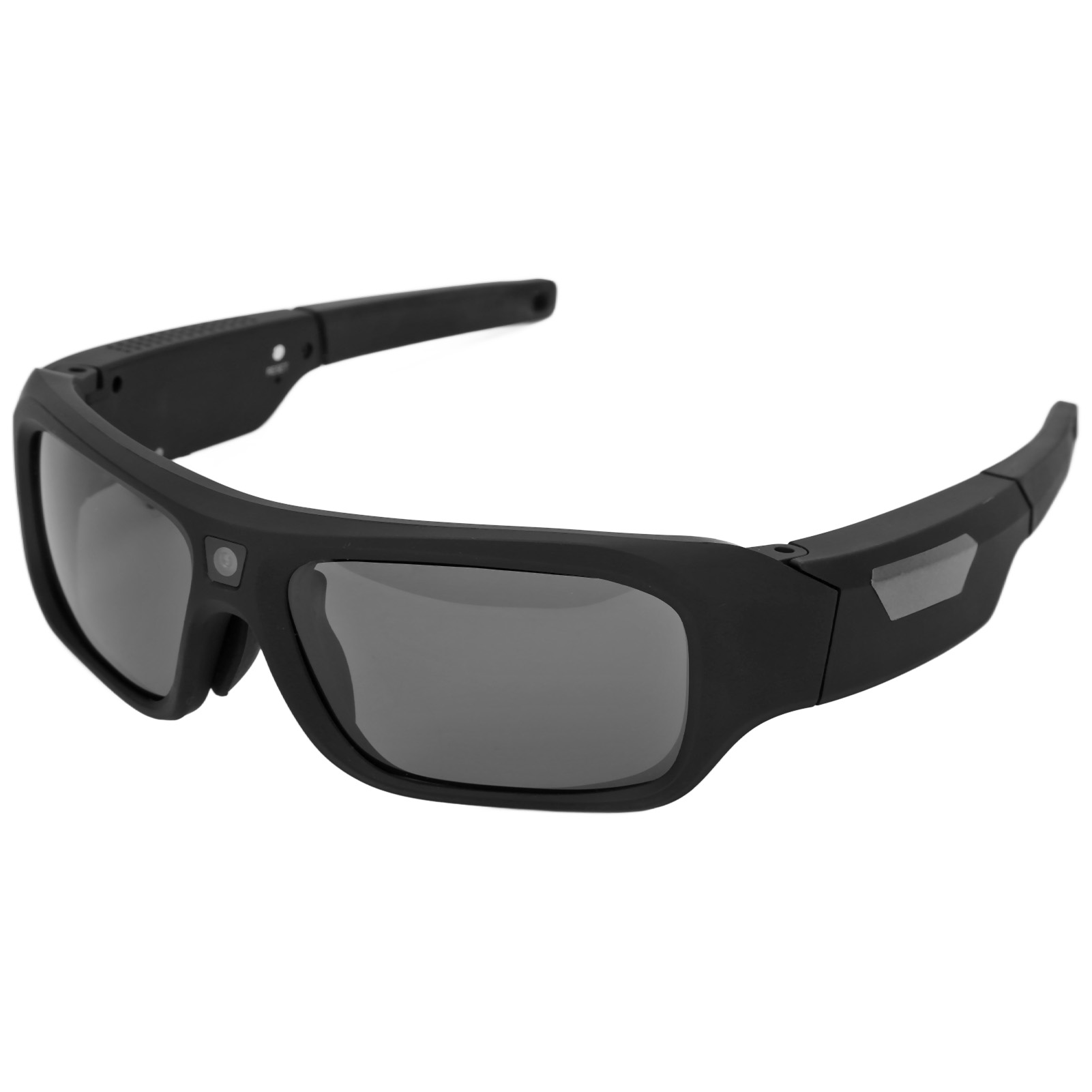 Schwarze Sonnenbrille mit grauen Gläsern, einer kleinen Kamera und einem Knopf am Rahmen. Isoliert auf weißem Hintergrund.