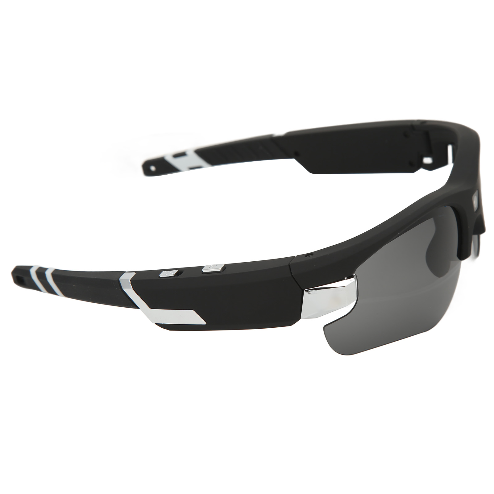 Schwarze Sportsonnenbrille mit grauen Gläsern und silbernen Akzenten. Weißer Hintergrund.