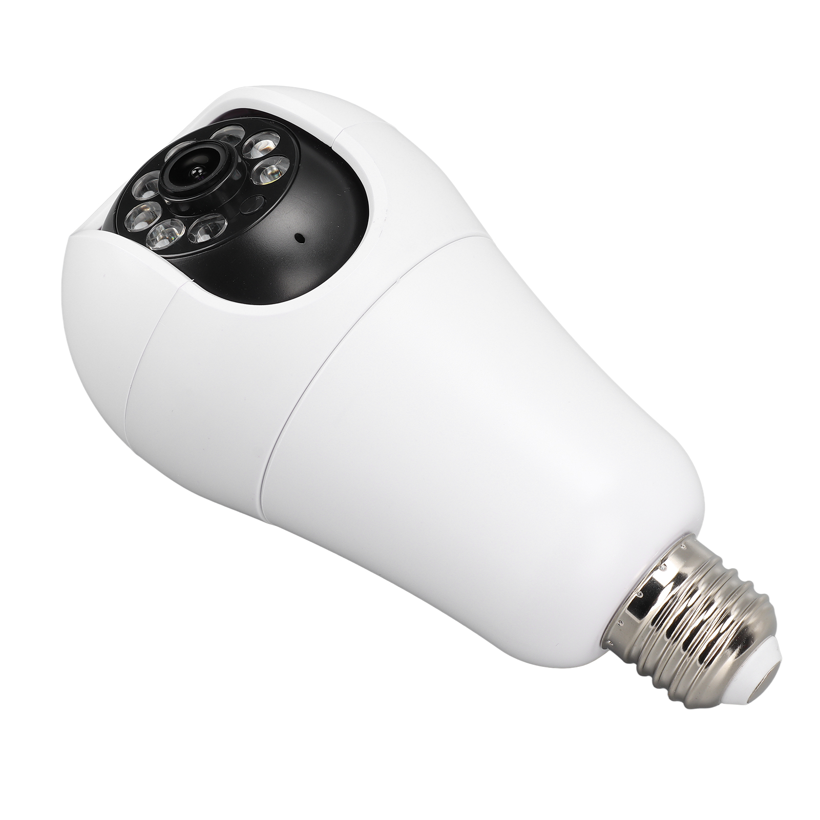 Eine weiße Überwachungskamera in Form einer Glühbirne. Sie hat ein schwarzes Objektiv und LED-Leuchten.