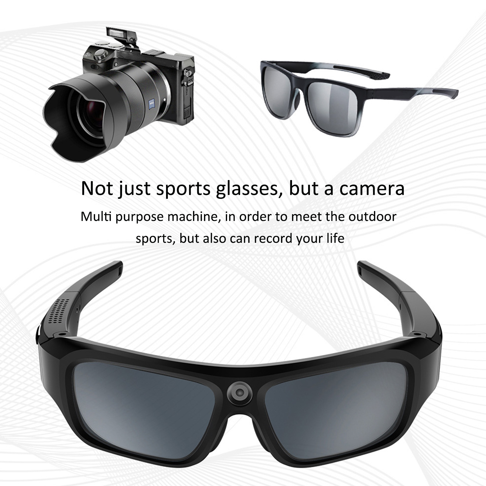 Das Bild zeigt eine Kamera, Sonnenbrille und intelligente Brille. Text: 'Nicht nur Sportbrillen, sondern eine Kamera'.