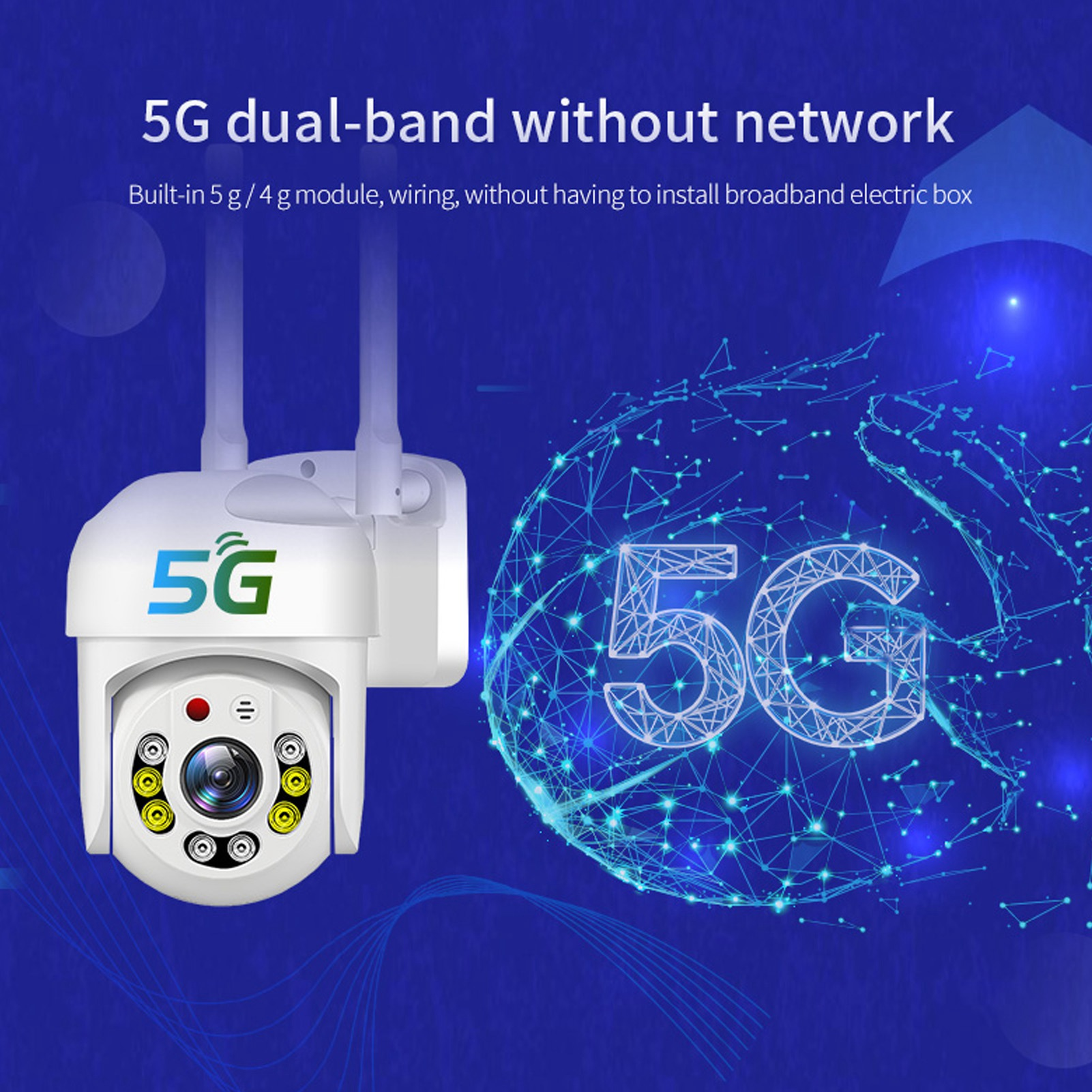 Eine weiße 5G-Kamera mit Antennen befindet sich in der Mitte. Eine blaue Grafik mit '5G' befindet sich rechts und Text oben.