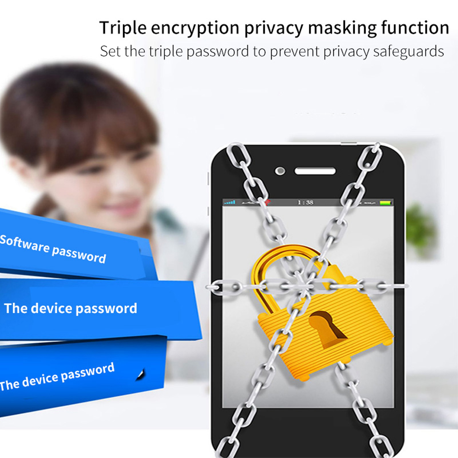 Ein Telefon ist mit Ketten und einem goldenen Vorhängeschloss verriegelt. Textlabels: Softwarepasswort, Gerätepasswort. Eine Frau ist unscharf im Hintergrund.