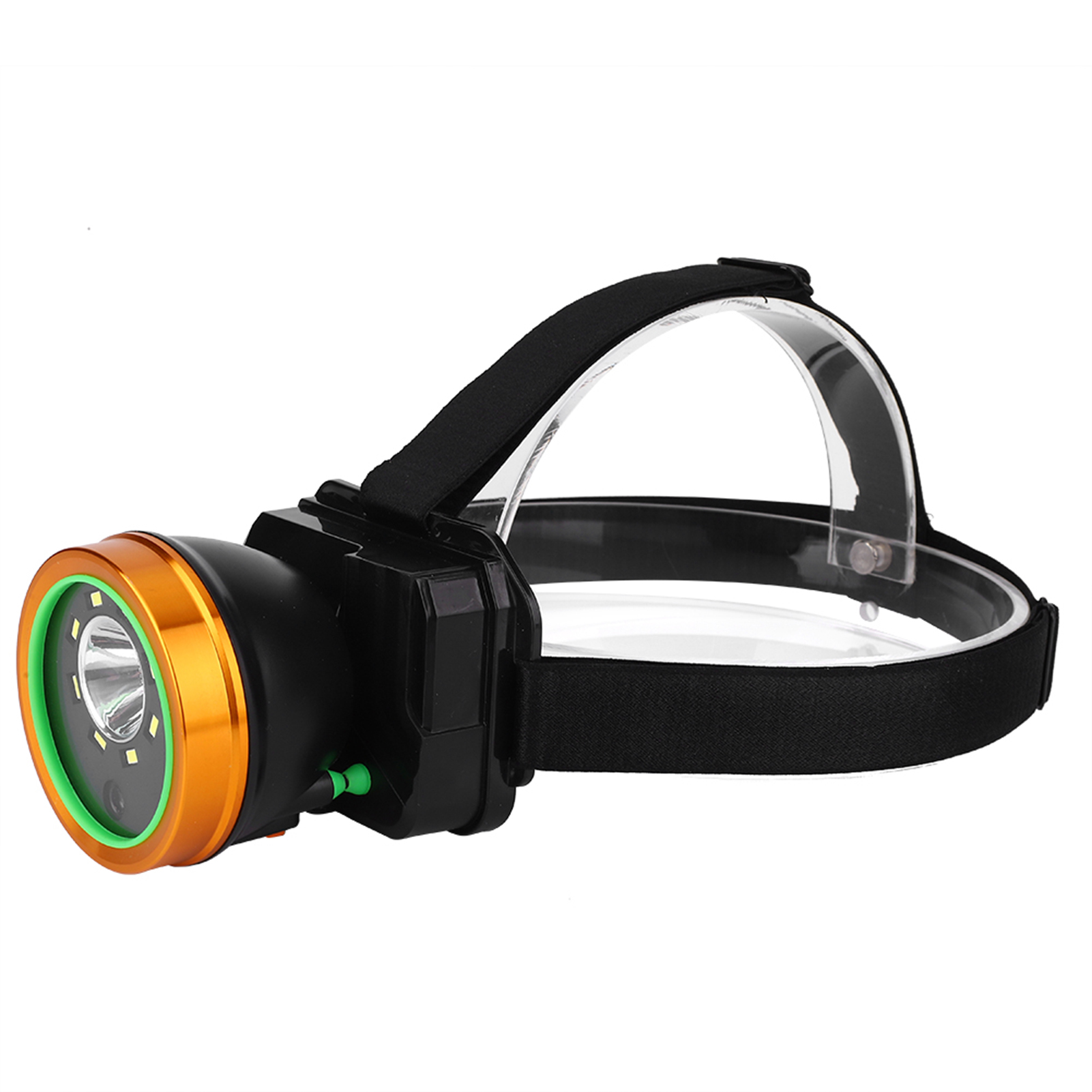 Eine Stirnlampe mit schwarzem Riemen und Gehäuse. Das Licht hat eine orangefarbene und grüne Blende. Ein klares Kunststoffband.