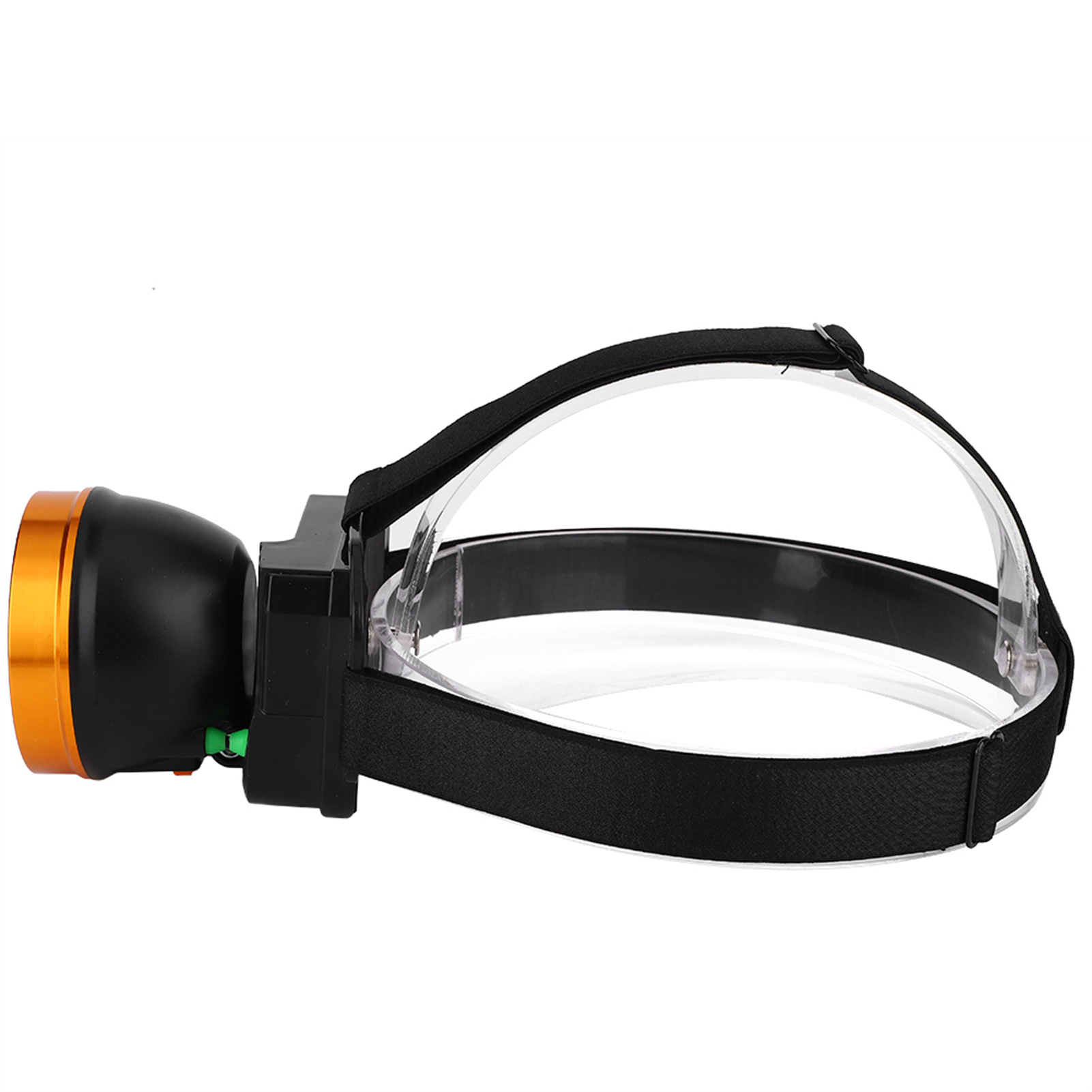 Eine Stirnlampe mit einem schwarzen und orangefarbenen Licht. Sie hat ein klares Kunststoffvisier und schwarze Riemen. Der Hintergrund ist weiß.