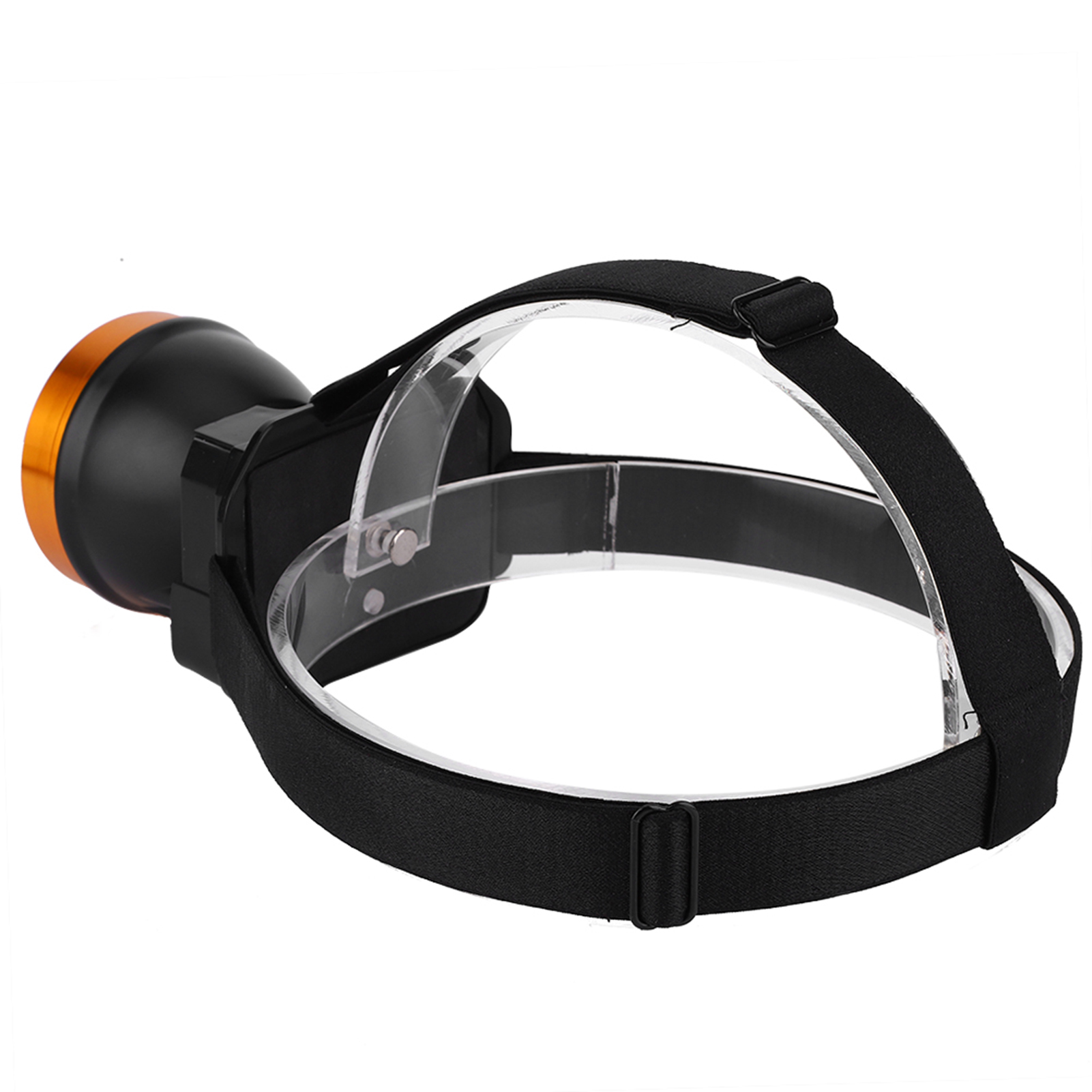 Stirnlampe mit schwarzen und orangen Komponenten. Klare Kunststoffbogen und schwarze Riemen zur Kopfstütze.