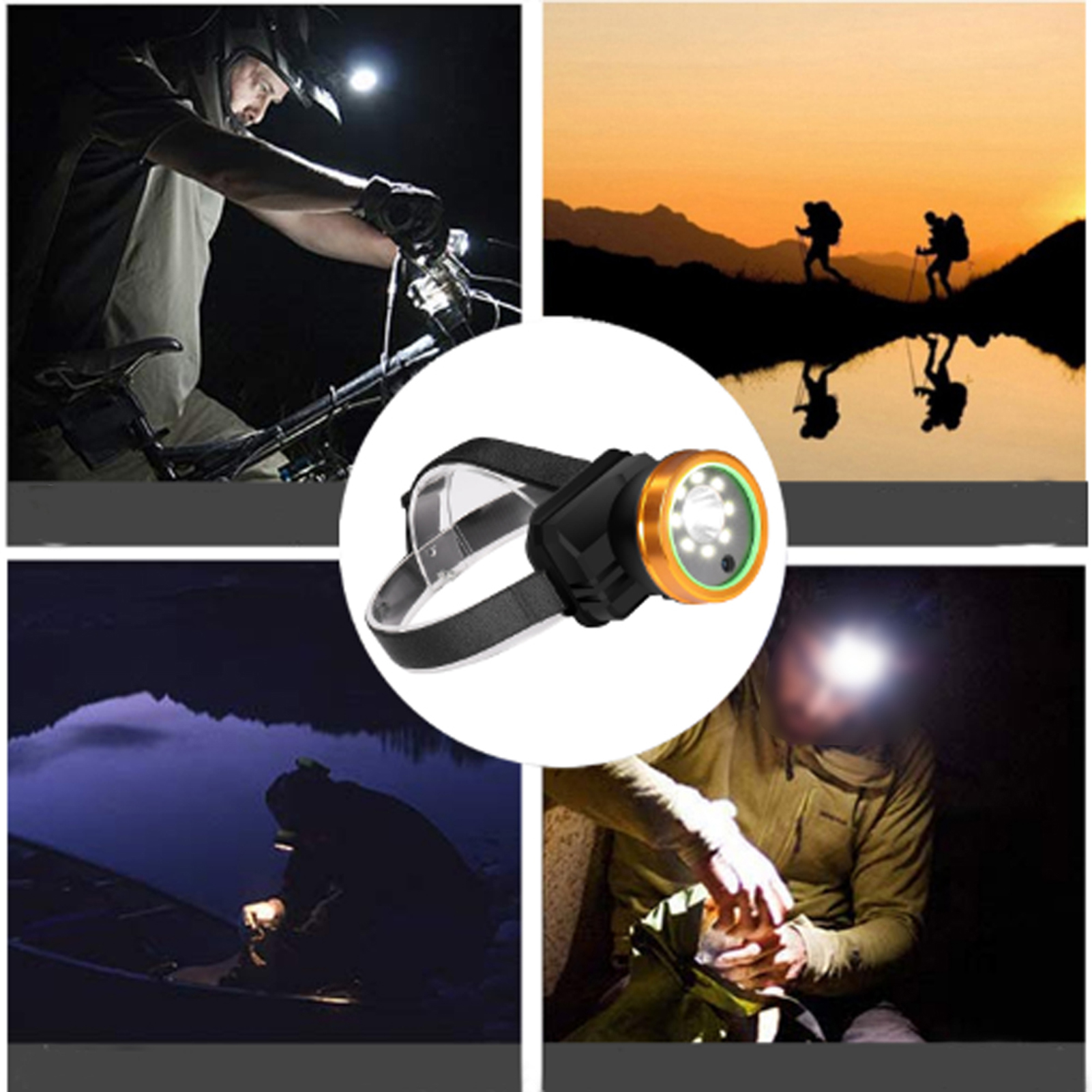 Stirnlampe im Einsatz bei Radfahrern, Wanderern und einer Person im Boot. Produktaufnahme im Kreis.