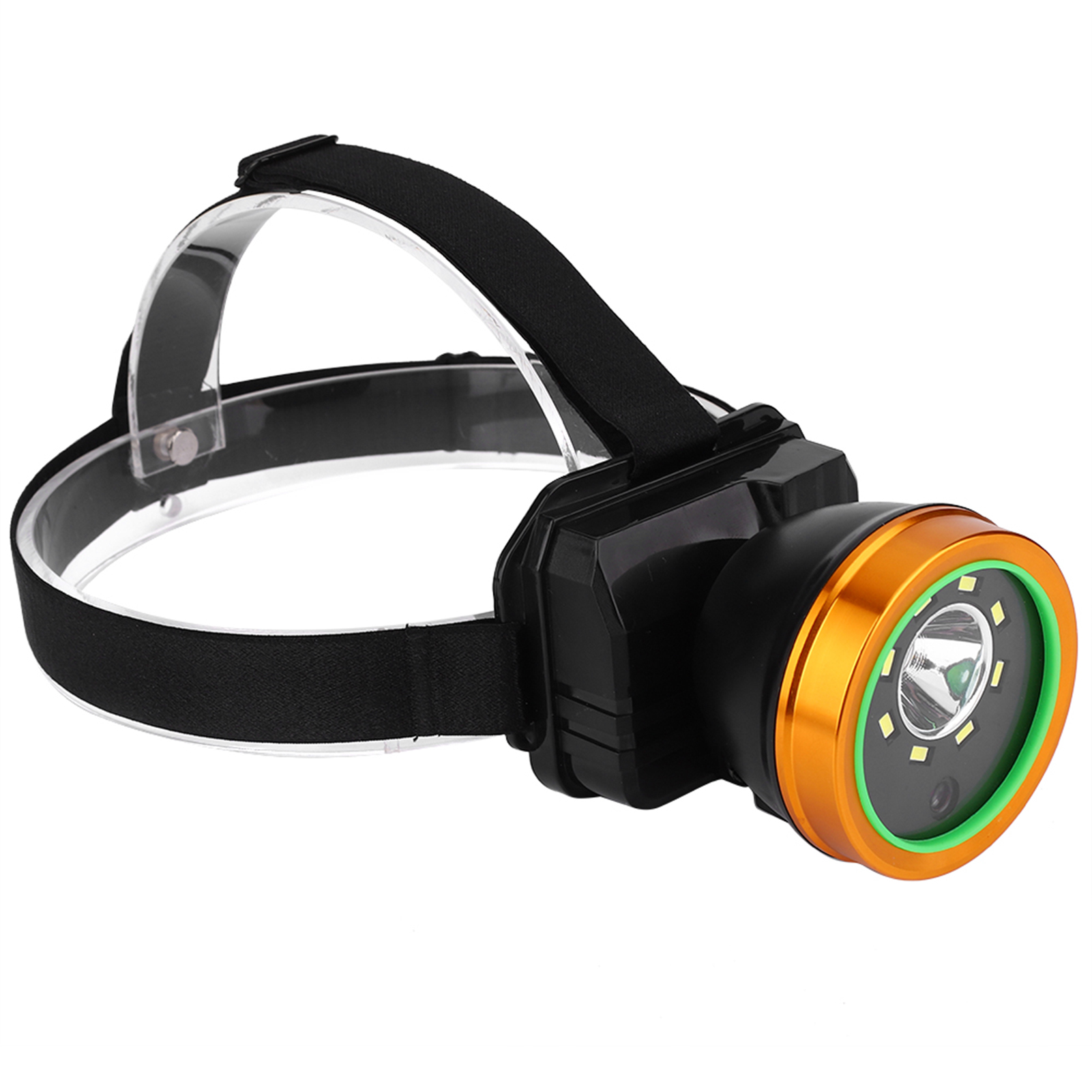 Stirnlampe mit schwarzem Riemen, klarem Band, orangefarbenem Rand und grünem Umriss. Es hat mehrere LED-Leuchten.
