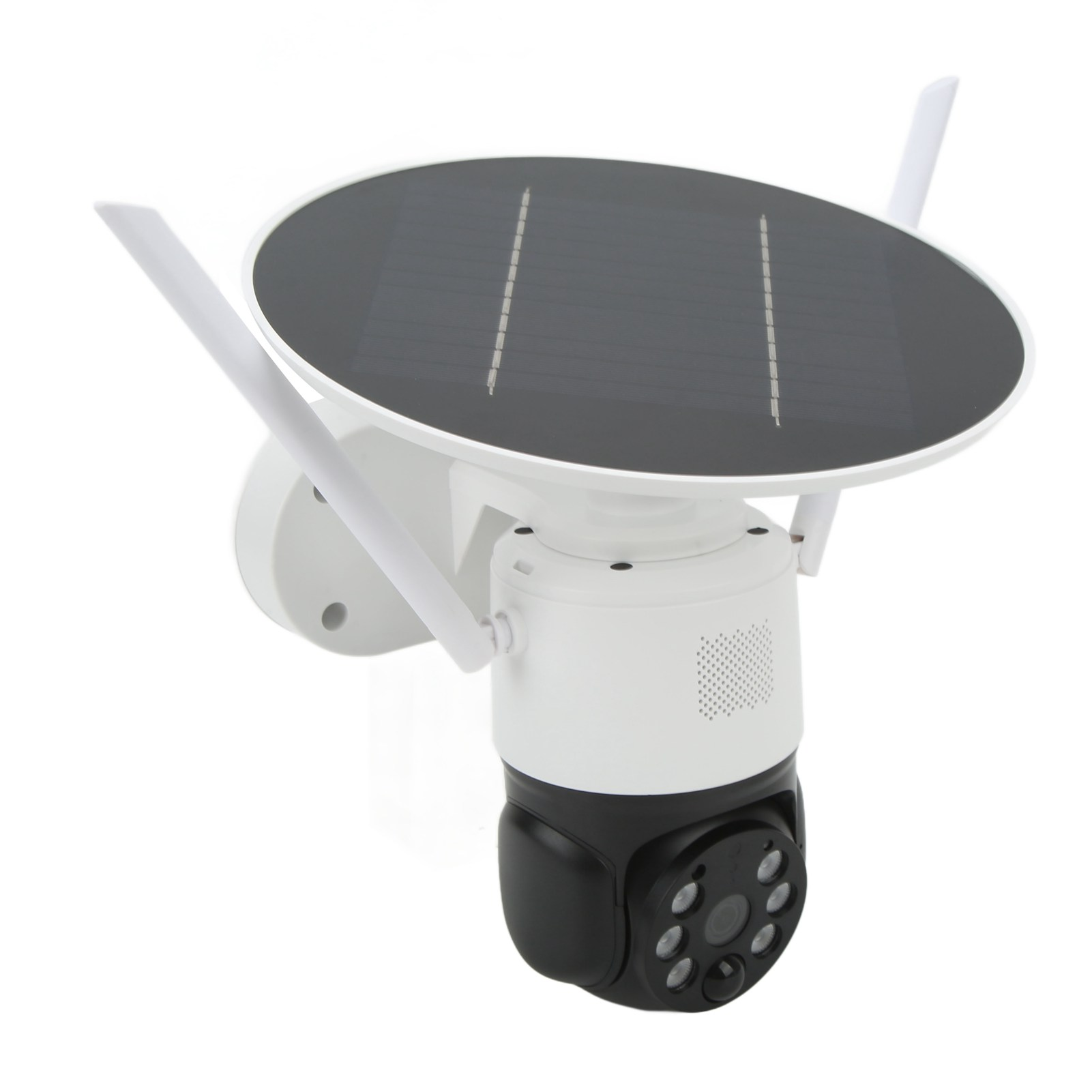 Weiße und schwarze Überwachungskamera mit Solarpanel oben und Antennen. Sie ist auf einer weißen Oberfläche montiert.