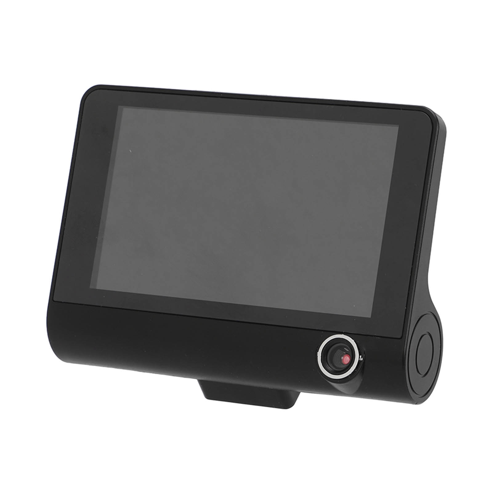 Eine schwarze Dashcam mit Bildschirm, Objektiv und Knöpfen. Es ist abgewinkelt und zeigt den Bildschirm.