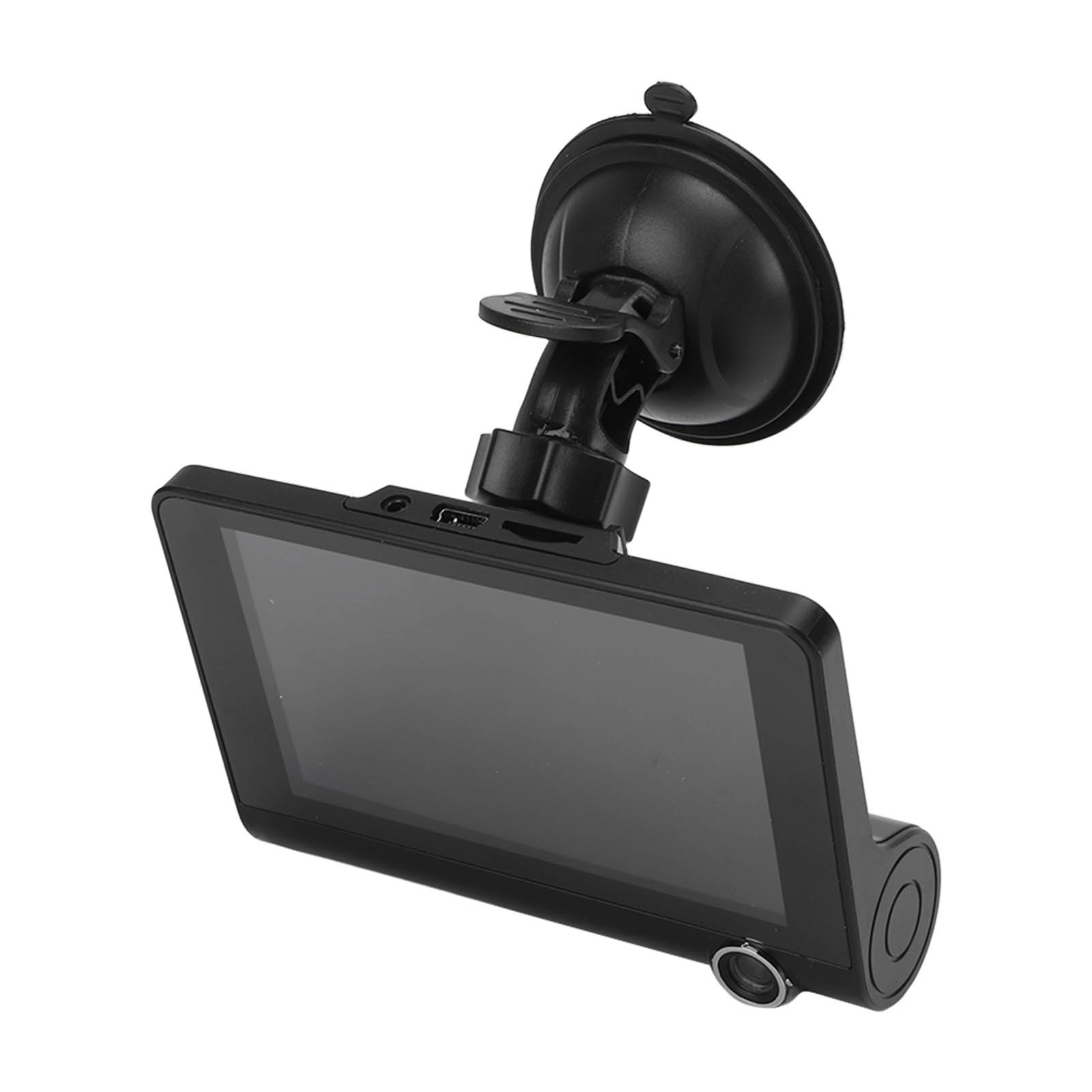 Schwarze Dashcam mit Bildschirm, Kameralinse und Saugnapfhalterung. Weißer Hintergrund.