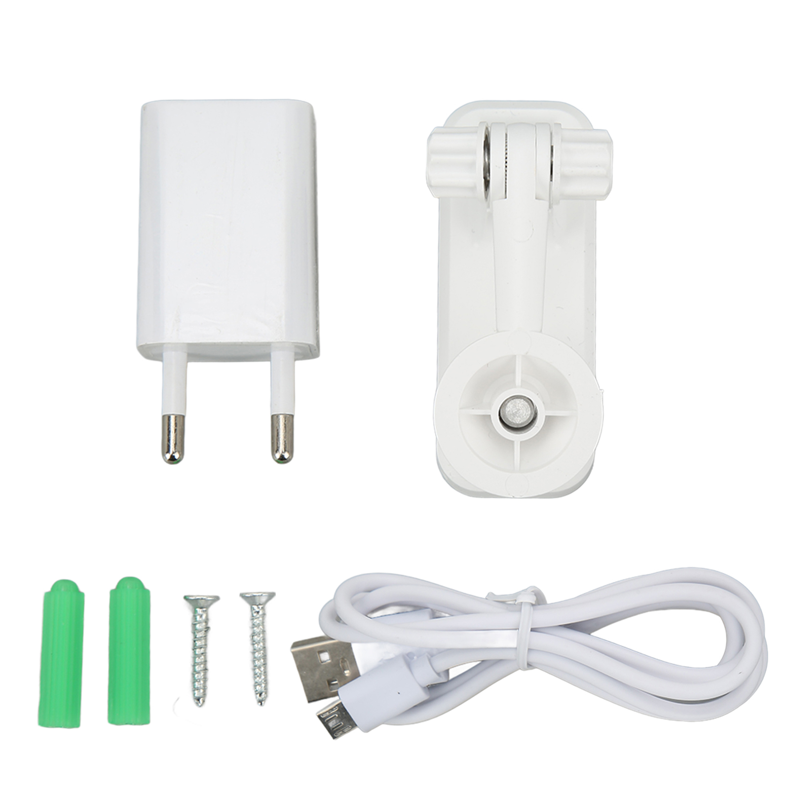 Weißes Ladegerät, Halterung, USB-Kabel, grüne Wanddübel und Schrauben auf weißem Hintergrund.
