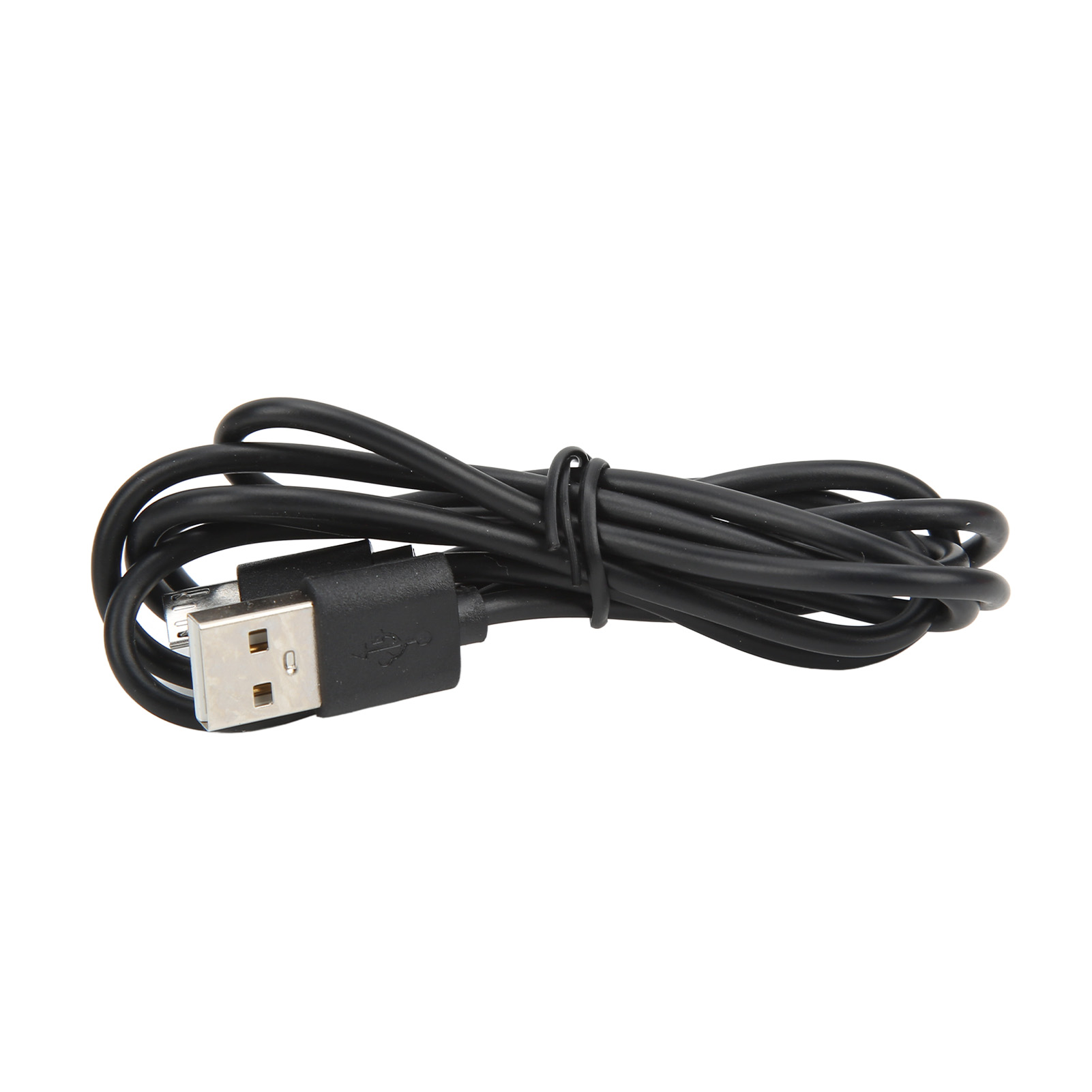 Ein schwarzes USB-Kabel, aufgerollt und gebunden, liegt vor weißem Hintergrund. Der USB-Anschluss ist sichtbar.