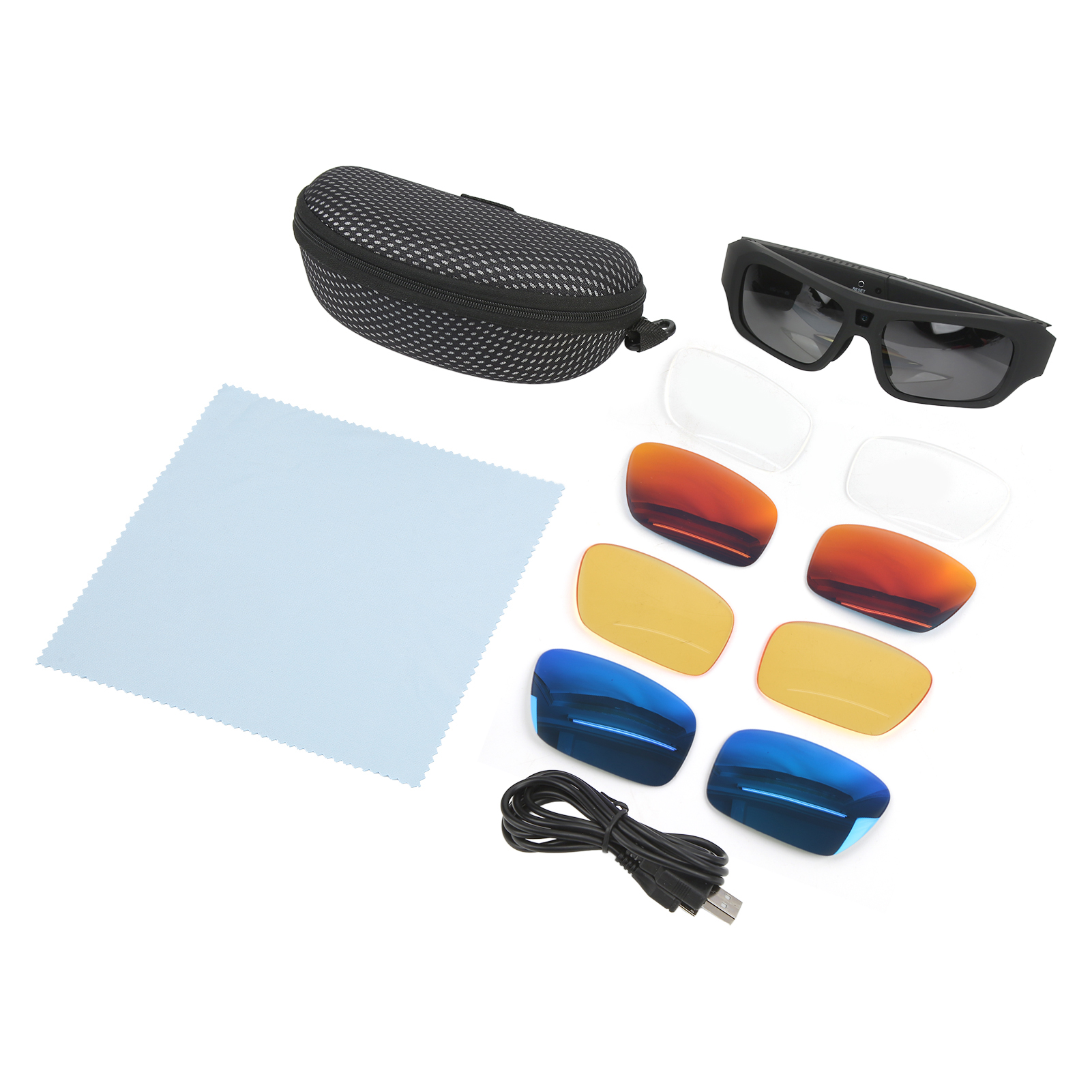 Sonnenbrillenset mit Wechselgläsern, Etui, Reinigungstuch und Ladekabel. Gläser sind verschiedenfarbig.