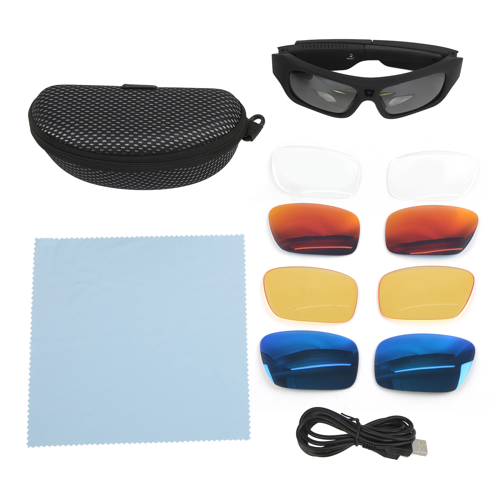 Set aus Smartglasses mit Ersatzgläsern, einem Reinigungstuch, einem Etui und einem USB-Kabel, alles auf weißem Hintergrund.
