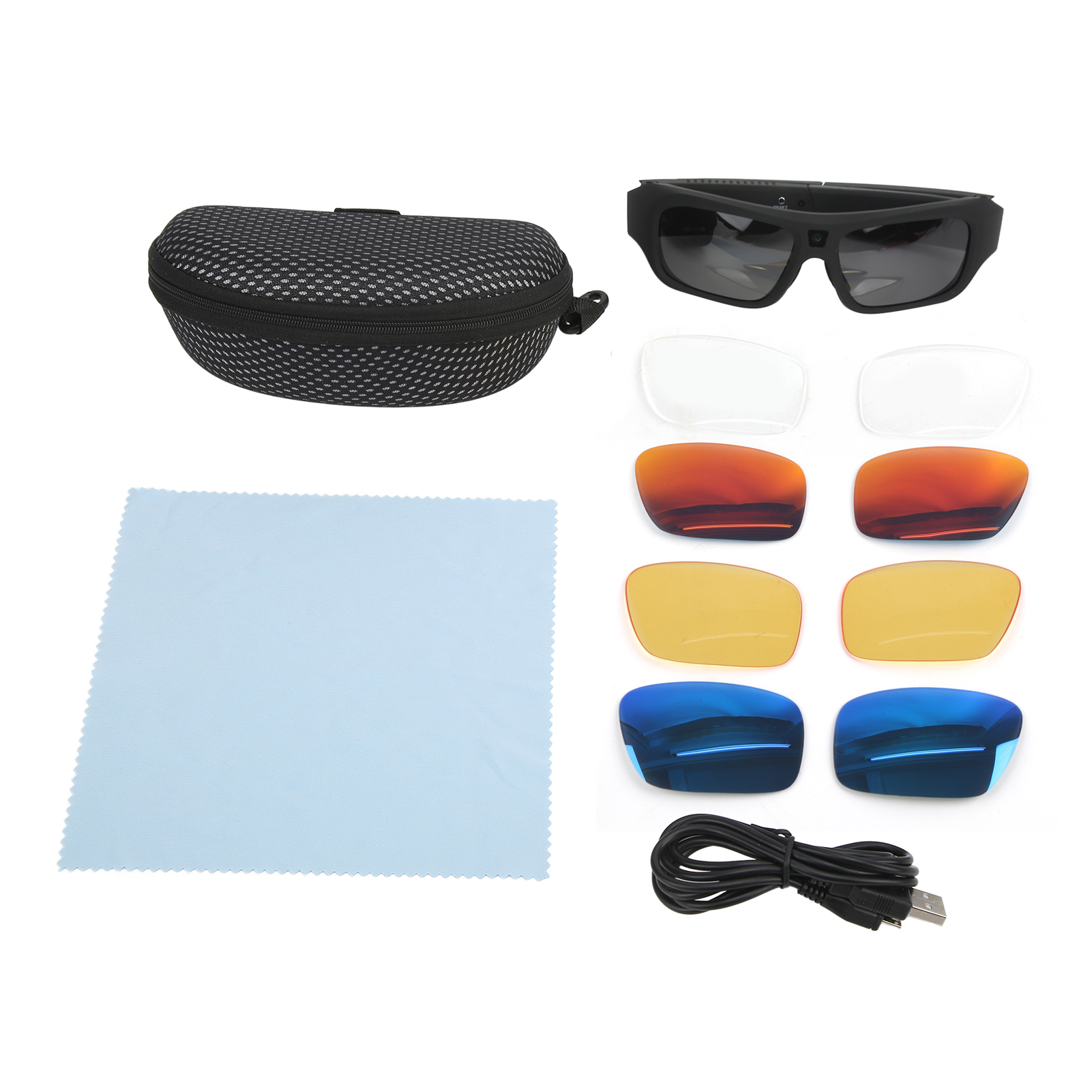 Eine Auswahl an Brillen-Zubehör: Brille, Gläser, Etui, Putztuch und ein USB-Kabel, alles auf weißem Untergrund.