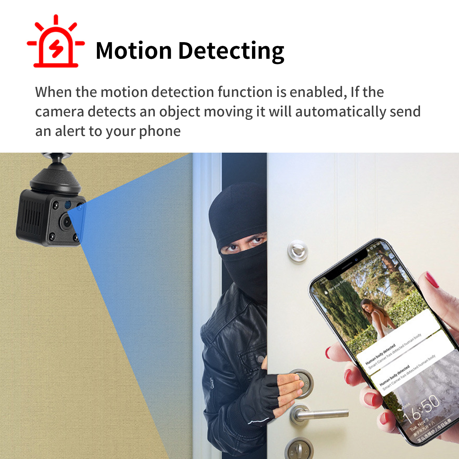 Eine Überwachungskamera erkennt eine maskierte Person, ein Telefon zeigt einen Alarm und die Uhrzeit.