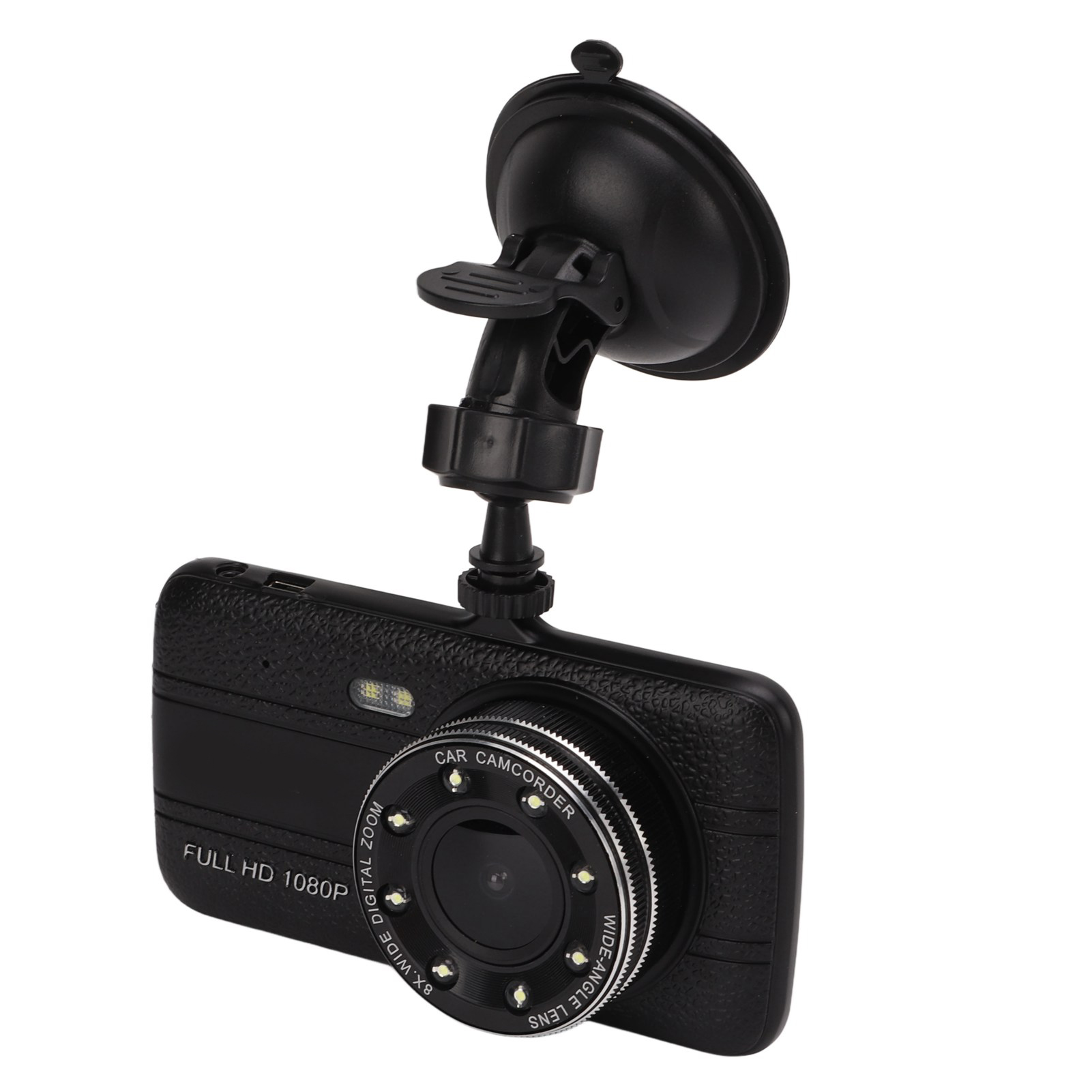 Schwarze Auto-Camcorder mit Saugnapfhalterung. Verfügt über ein Weitwinkelobjektiv und Full-HD-1080P-Aufnahme. Isoliert auf weißem Hintergrund.