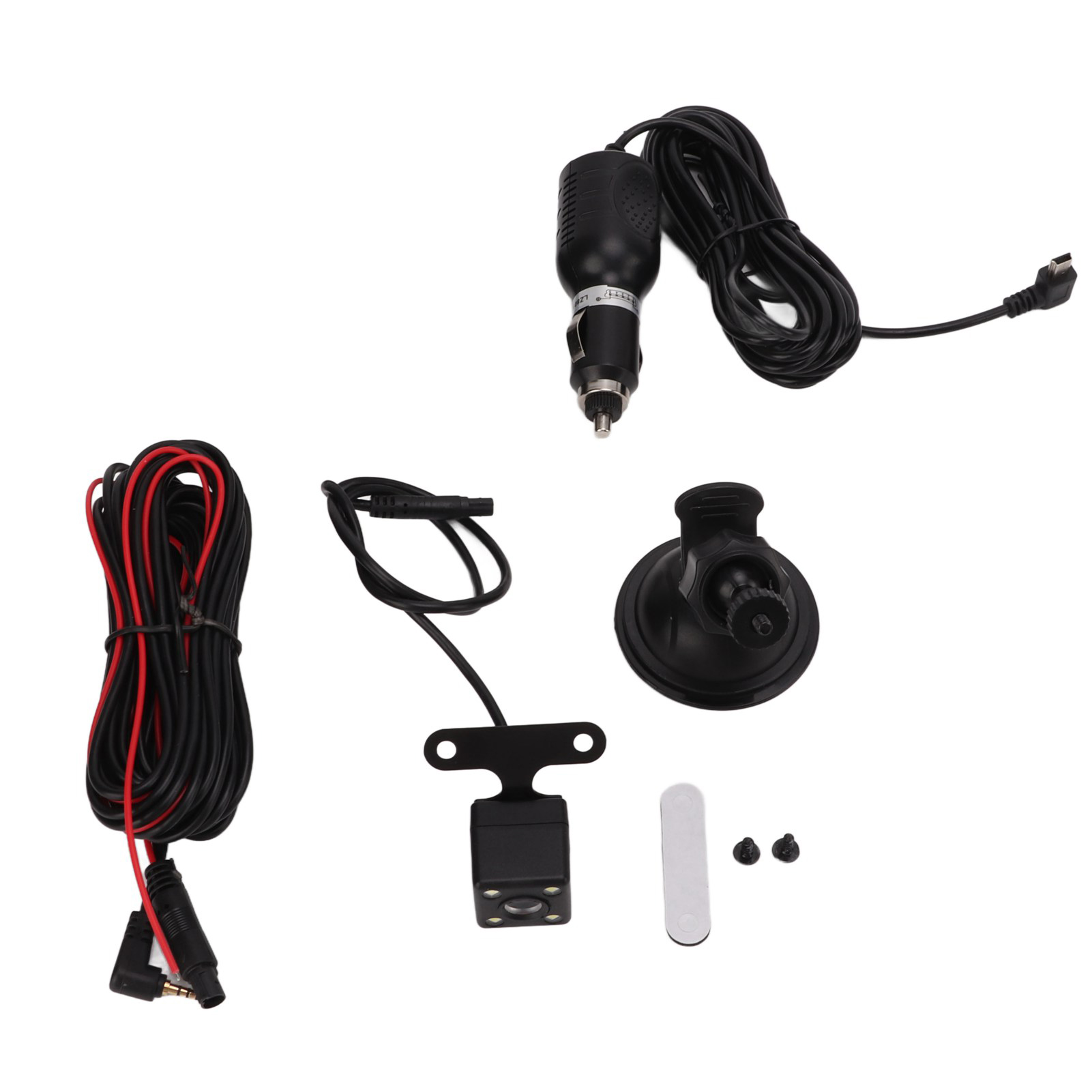Verschiedenes schwarzes Zubehör für Auto-Dashcams auf weißem Hintergrund: Kabel, Kamera, Saugnapf, Schrauben und ein Stecker.
