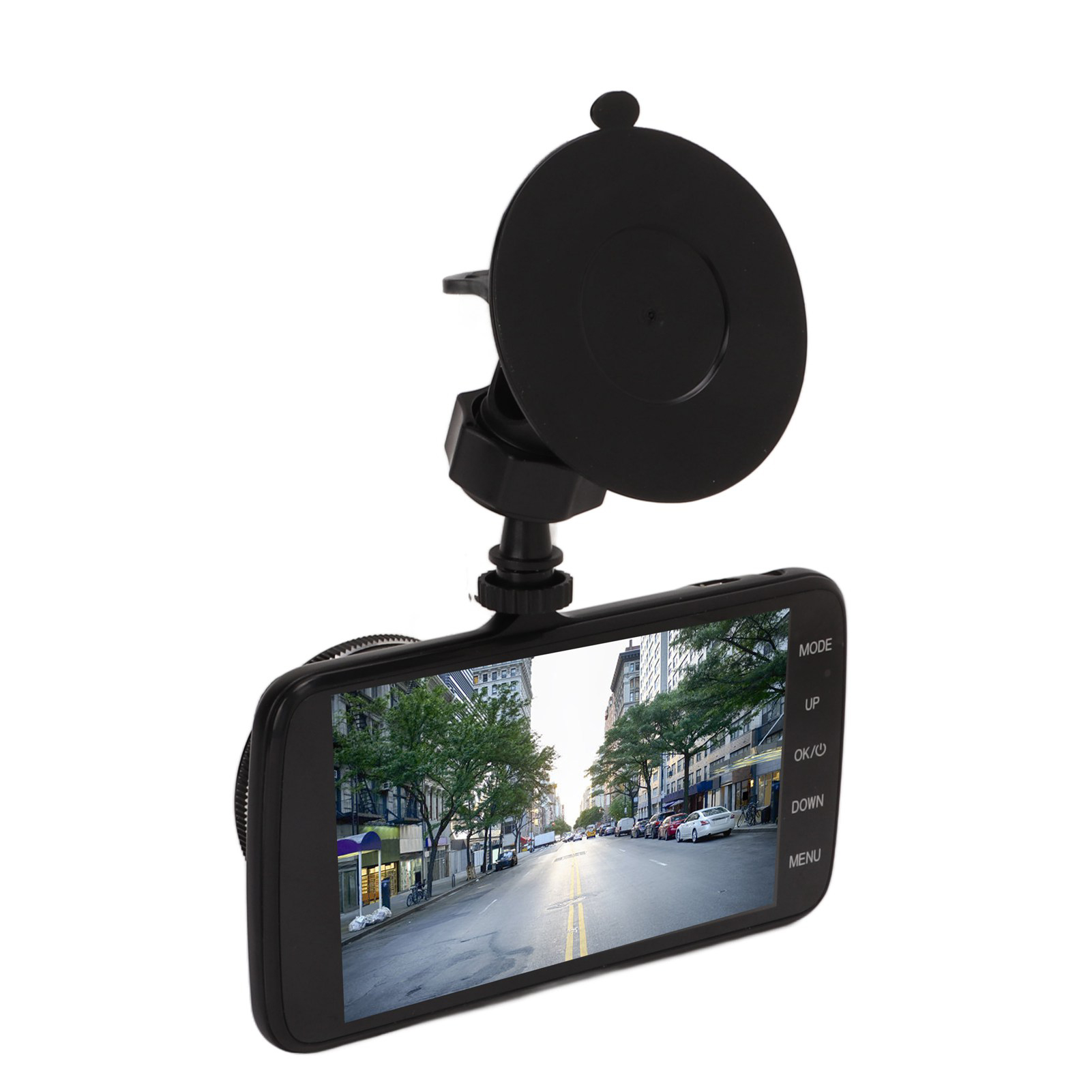 Eine schwarze Auto-Dashcam mit Saugnapfhalterung, die eine Straßenszene mit Gebäuden, Bäumen und Autos zeigt.